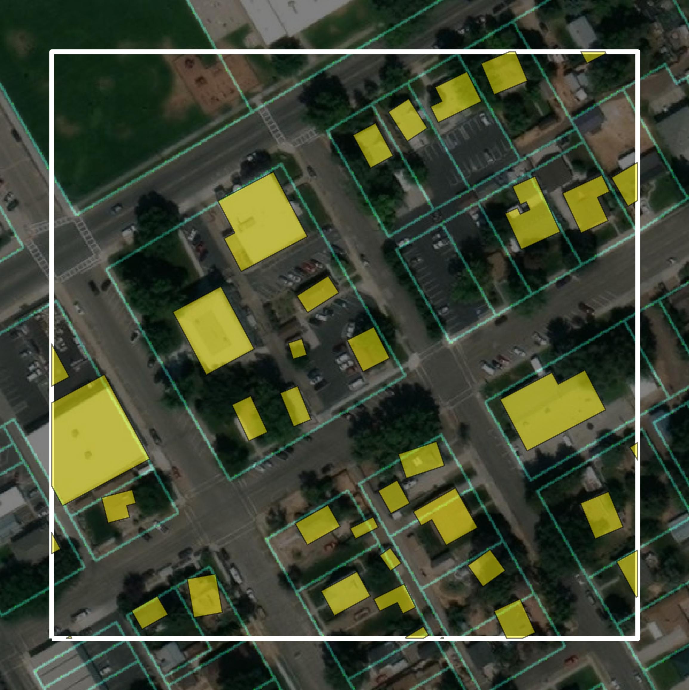This image shows parcel and building data in Elmore County created using GIS data in Equator.