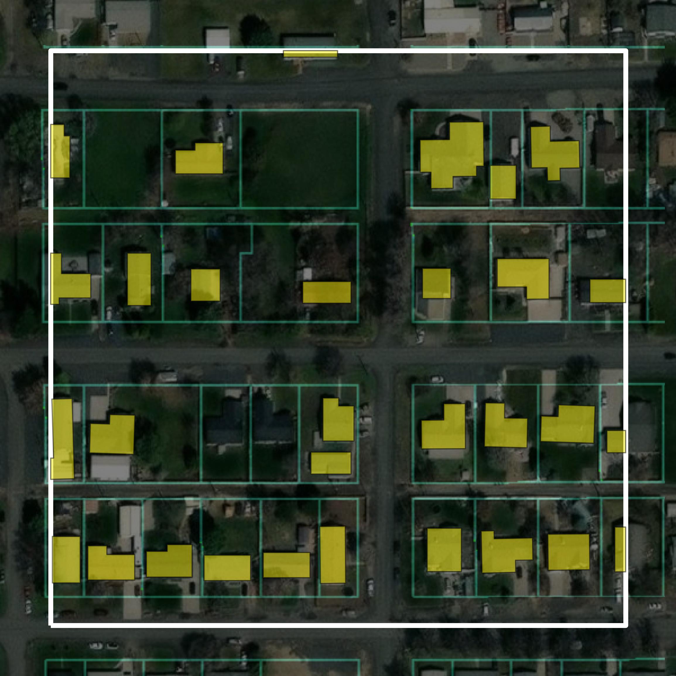 This image shows parcel and building data in Gooding County created using GIS data in Equator.