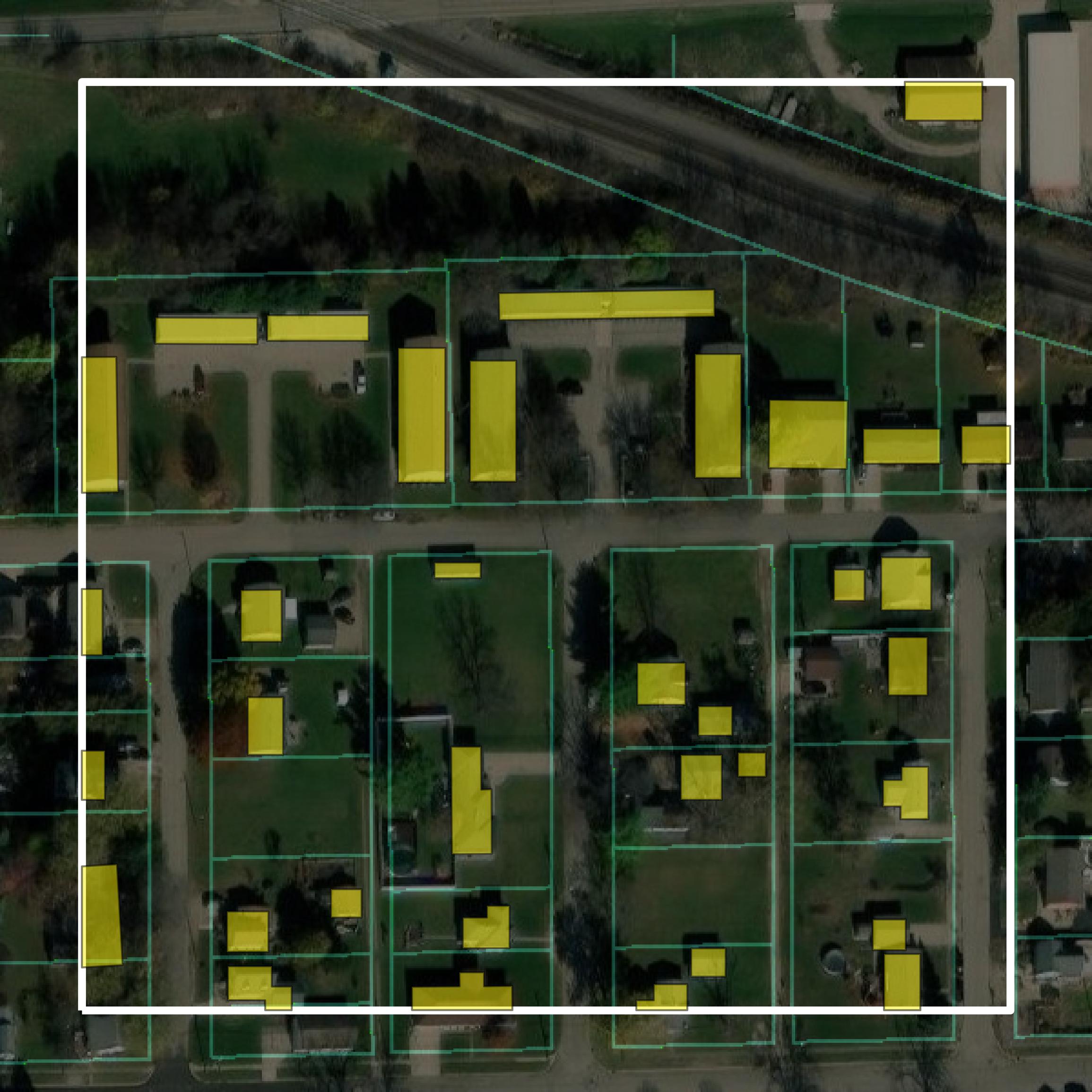 This image shows parcel and building data in Bureau County created using GIS data in Equator.