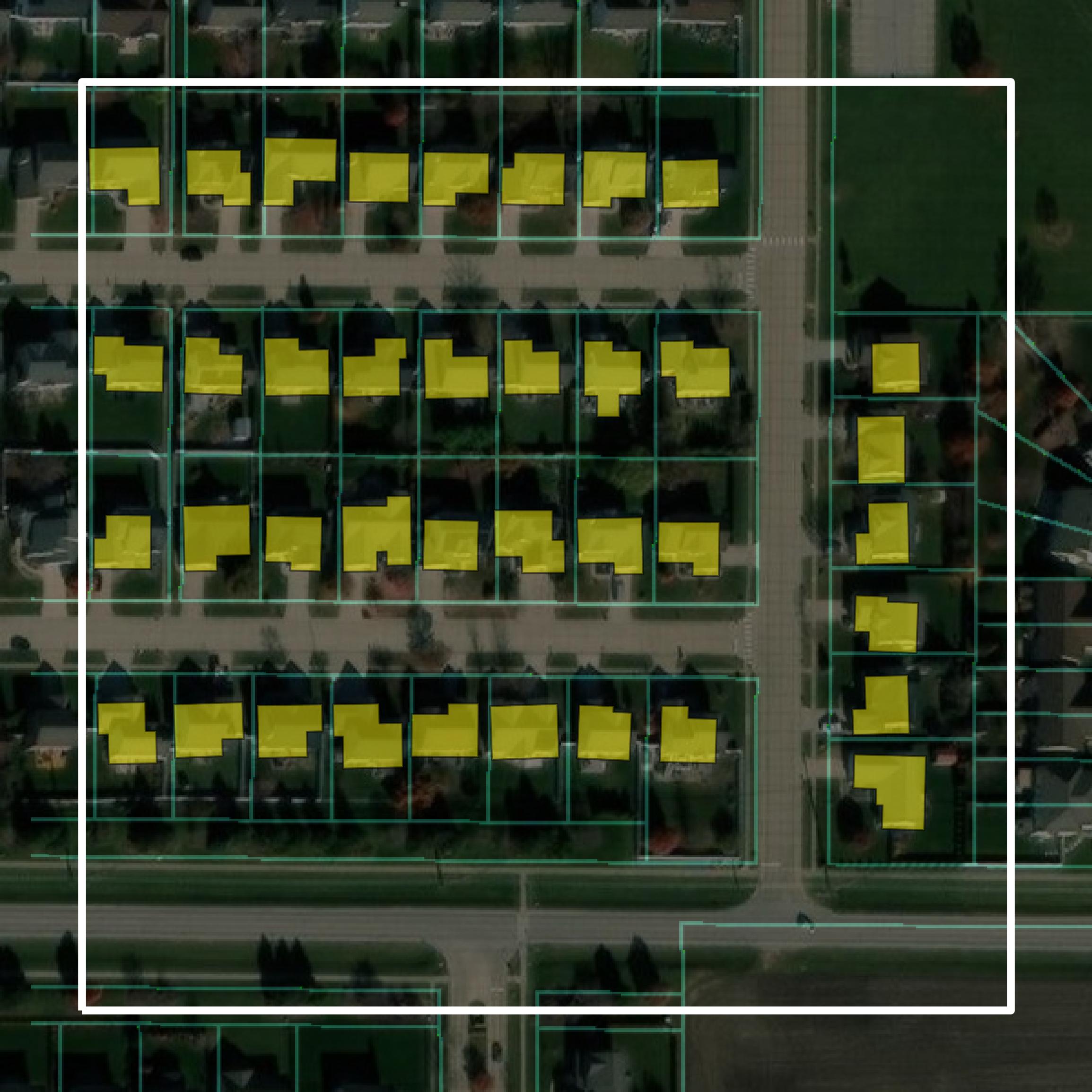This image shows parcel and building data in Champaign County created using GIS data in Equator.