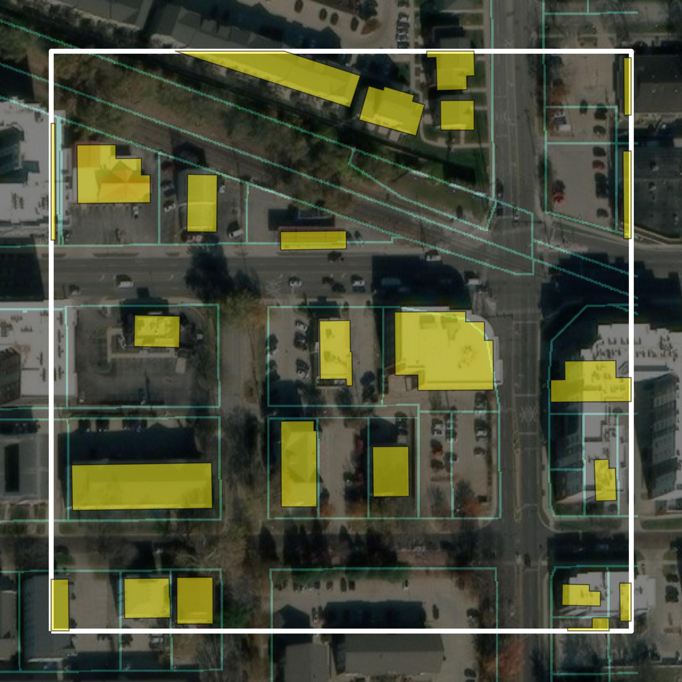 This image shows parcel and building data in Champaign County created using GIS data in Equator.