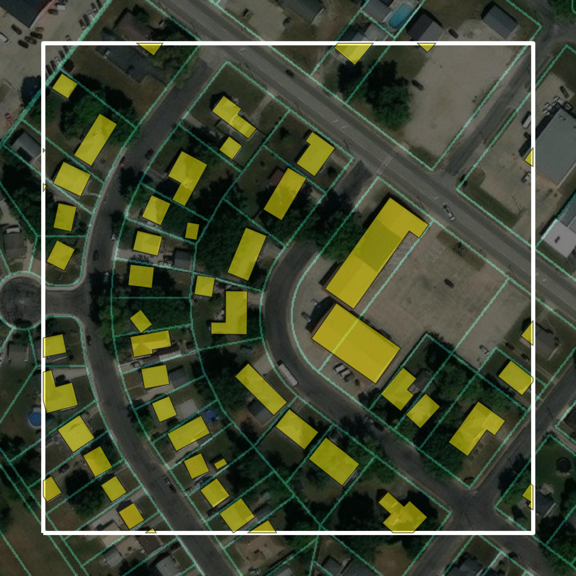 This image shows parcel and building data in Christian County created using GIS data in Equator.
