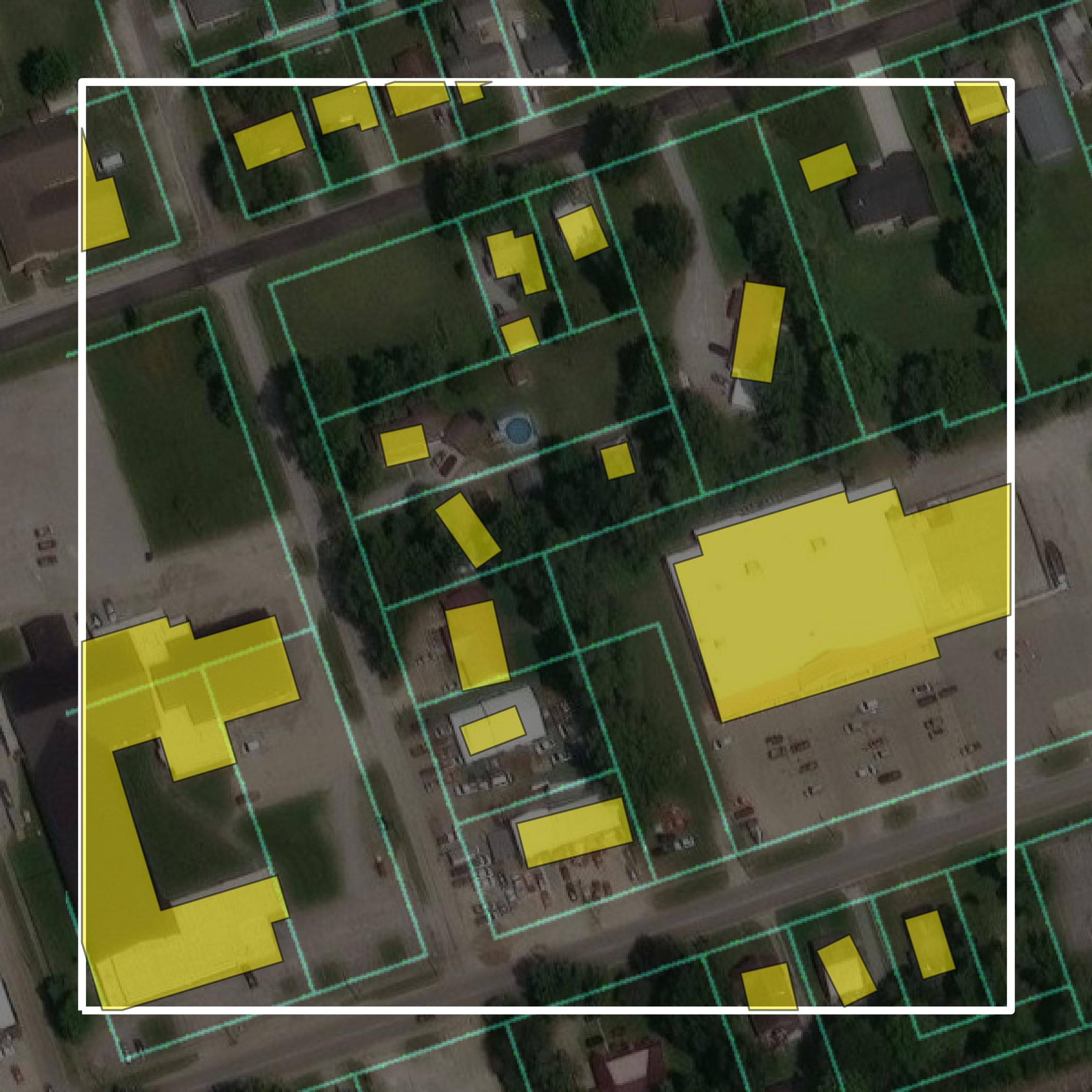 This image shows parcel and building data in Clay County created using GIS data in Equator.