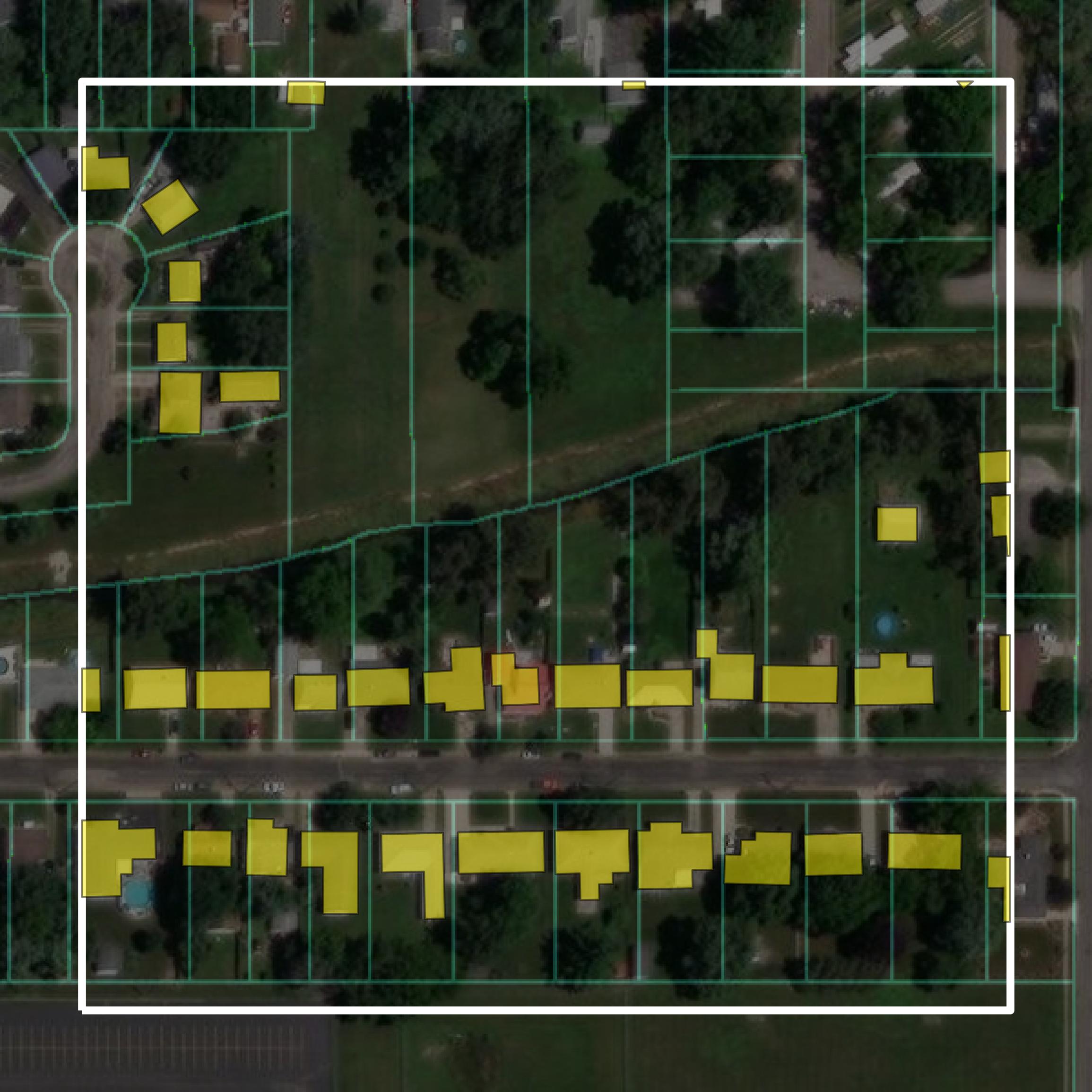 This image shows parcel and building data in Coles County created using GIS data in Equator.