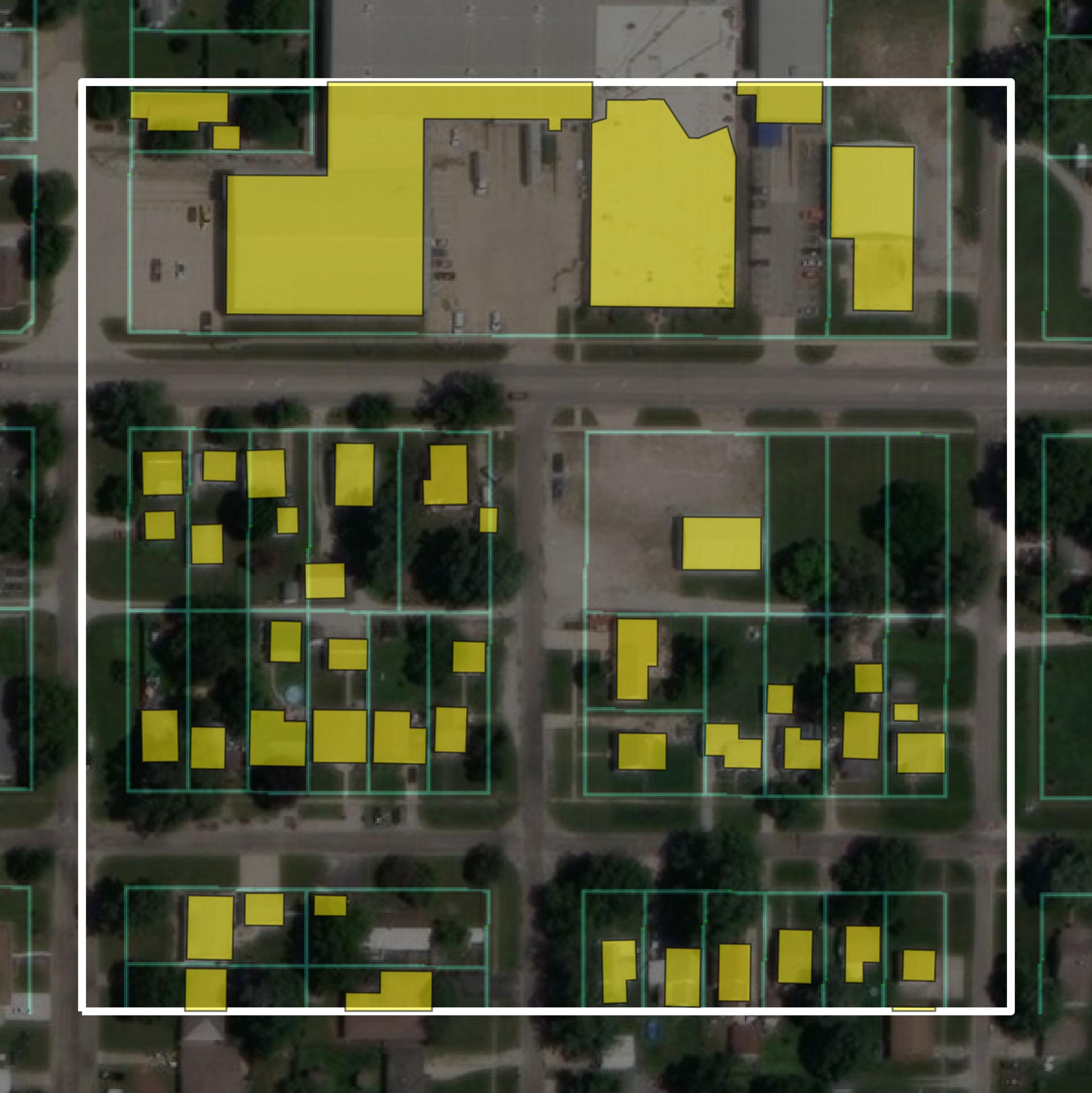 This image shows parcel and building data in Coles County created using GIS data in Equator.