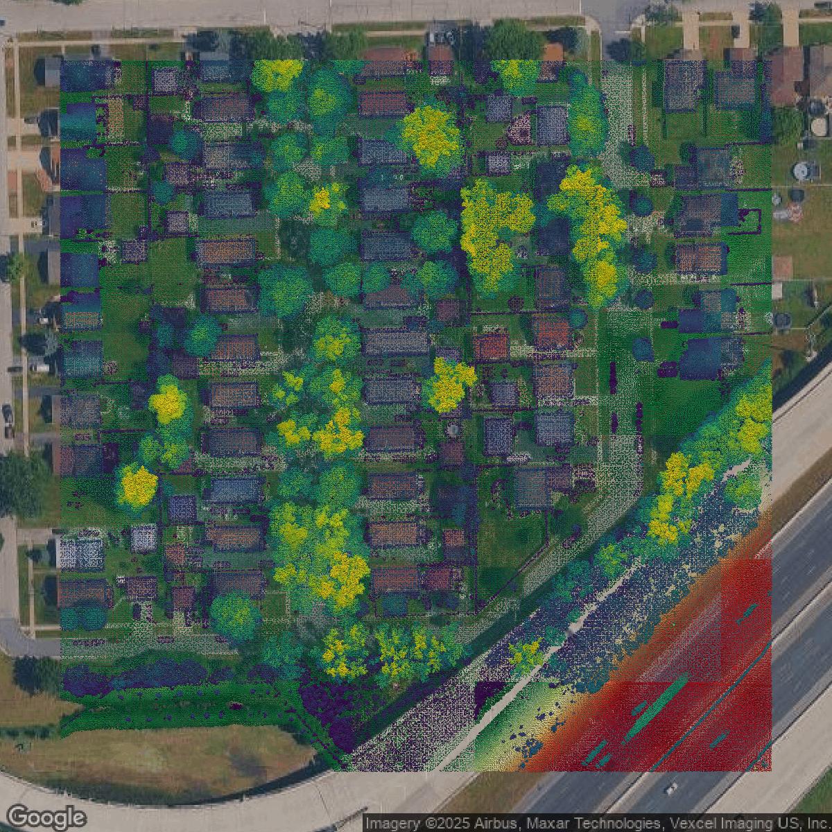 This image shows a LiDAR point cloud in Cook County created using GIS data in Equator.