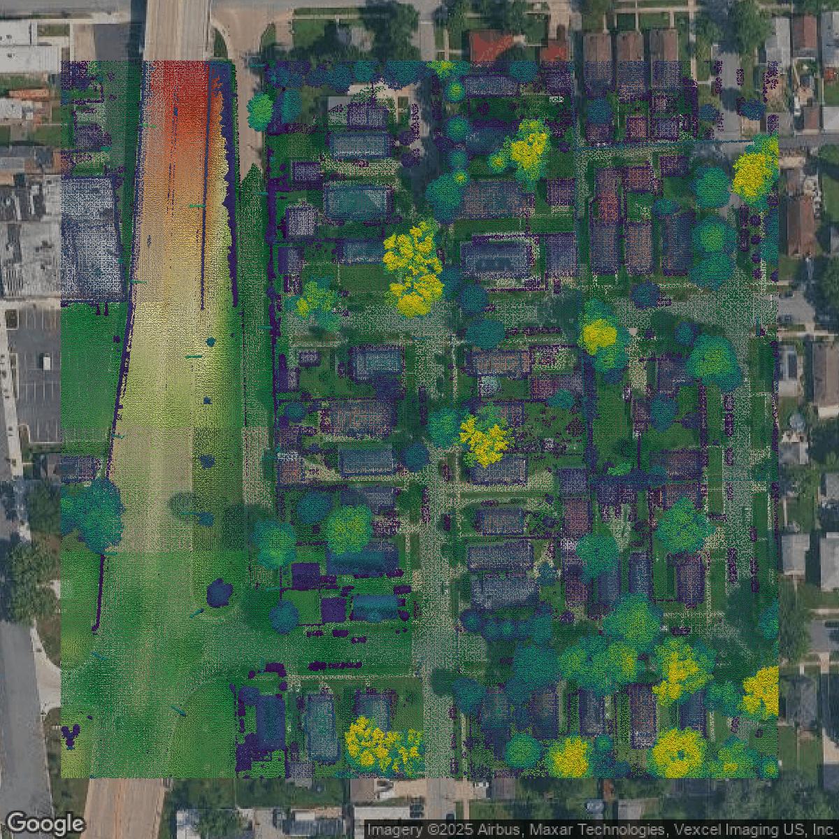 This image shows a LiDAR point cloud in Cook County created using GIS data in Equator.