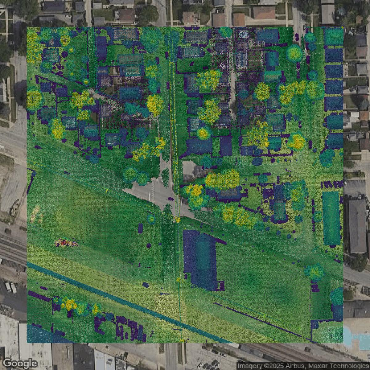 This image shows a LiDAR point cloud in Cook County created using GIS data in Equator.