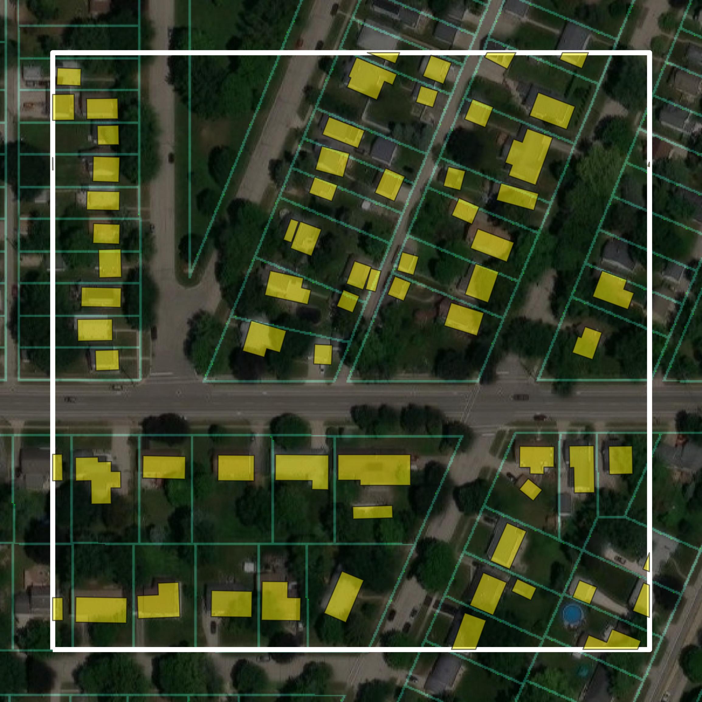 This image shows parcel and building data in DeKalb County created using GIS data in Equator.