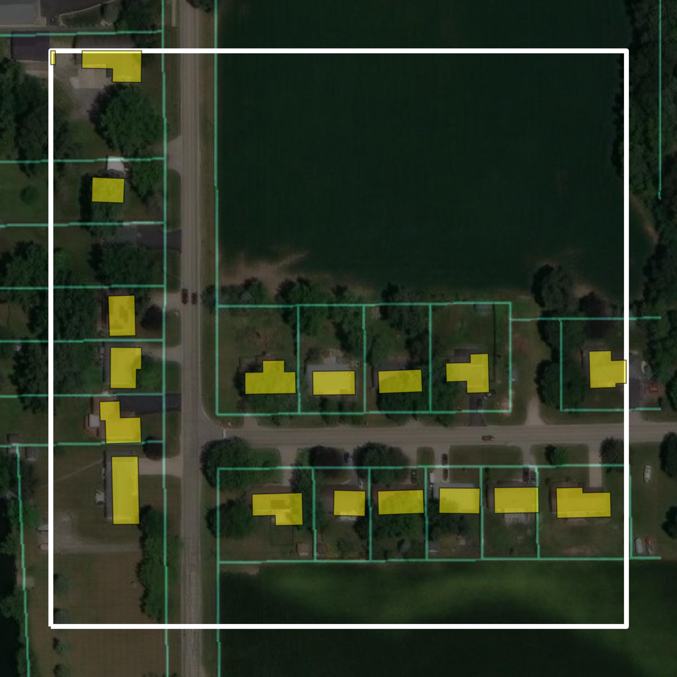 This image shows parcel and building data in DeKalb County created using GIS data in Equator.