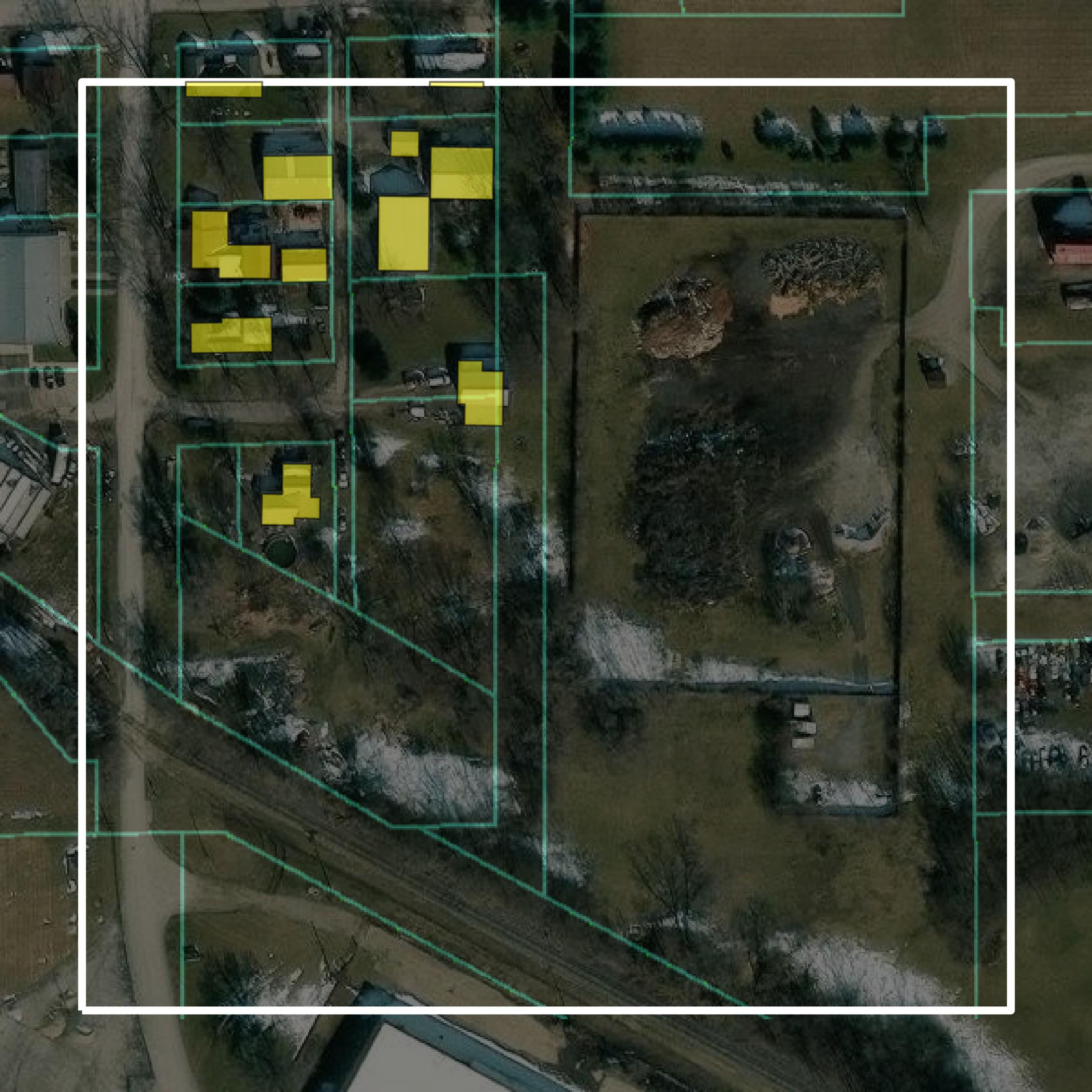 This image shows parcel and building data in De Witt County created using GIS data in Equator.