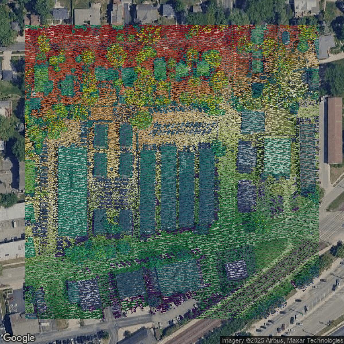 This image shows a LiDAR point cloud in DuPage County created using GIS data in Equator.