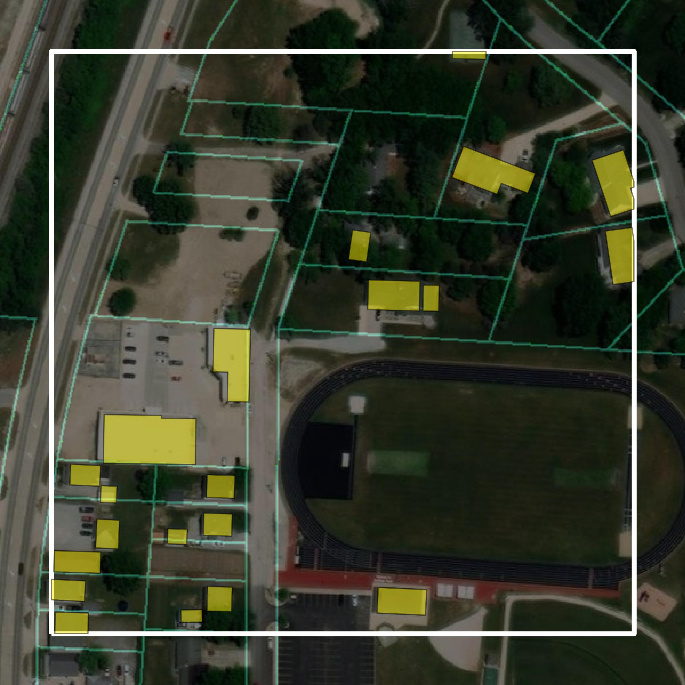 This image shows parcel and building data in Effingham County created using GIS data in Equator.