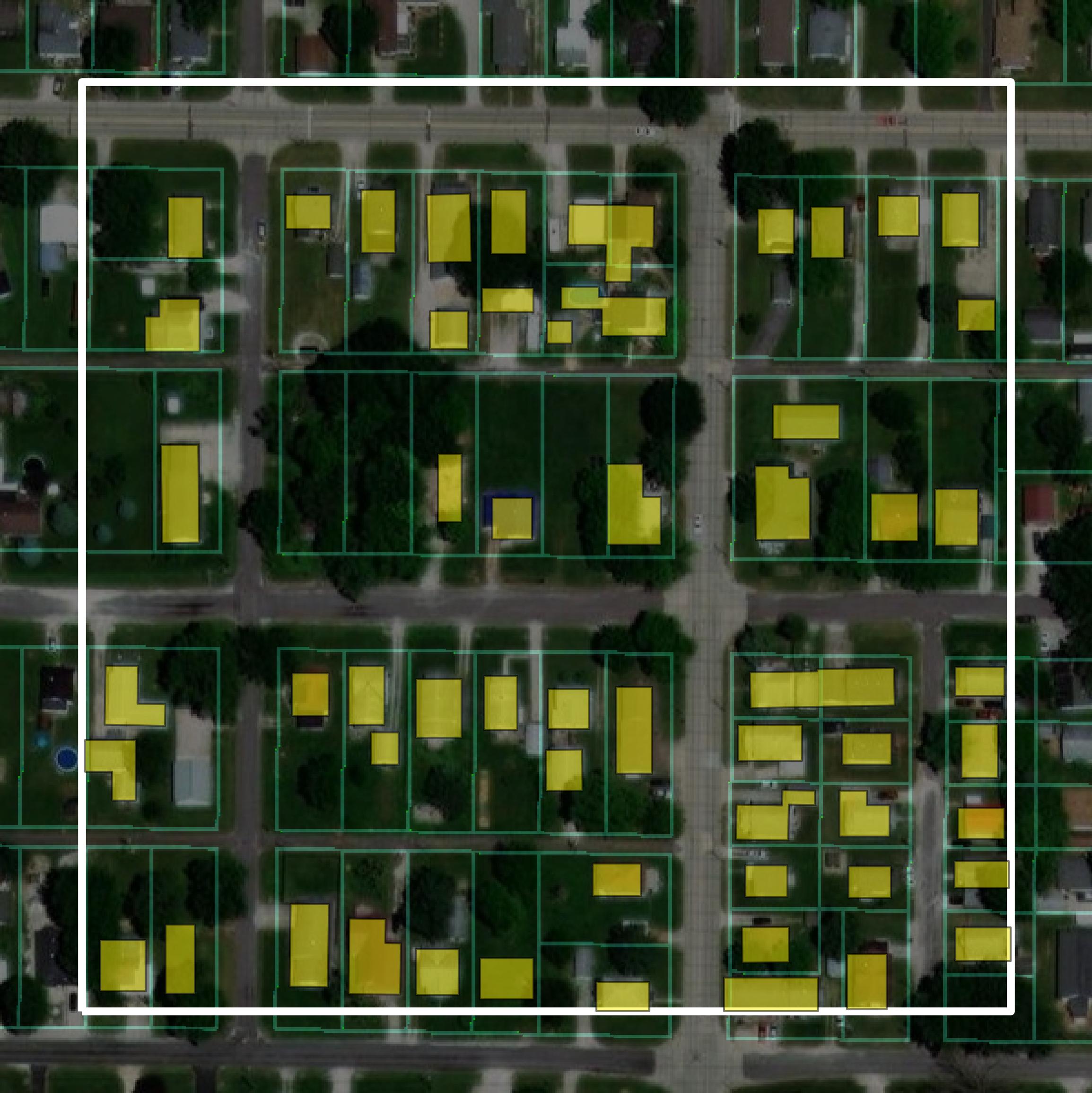 This image shows parcel and building data in Fayette County created using GIS data in Equator.