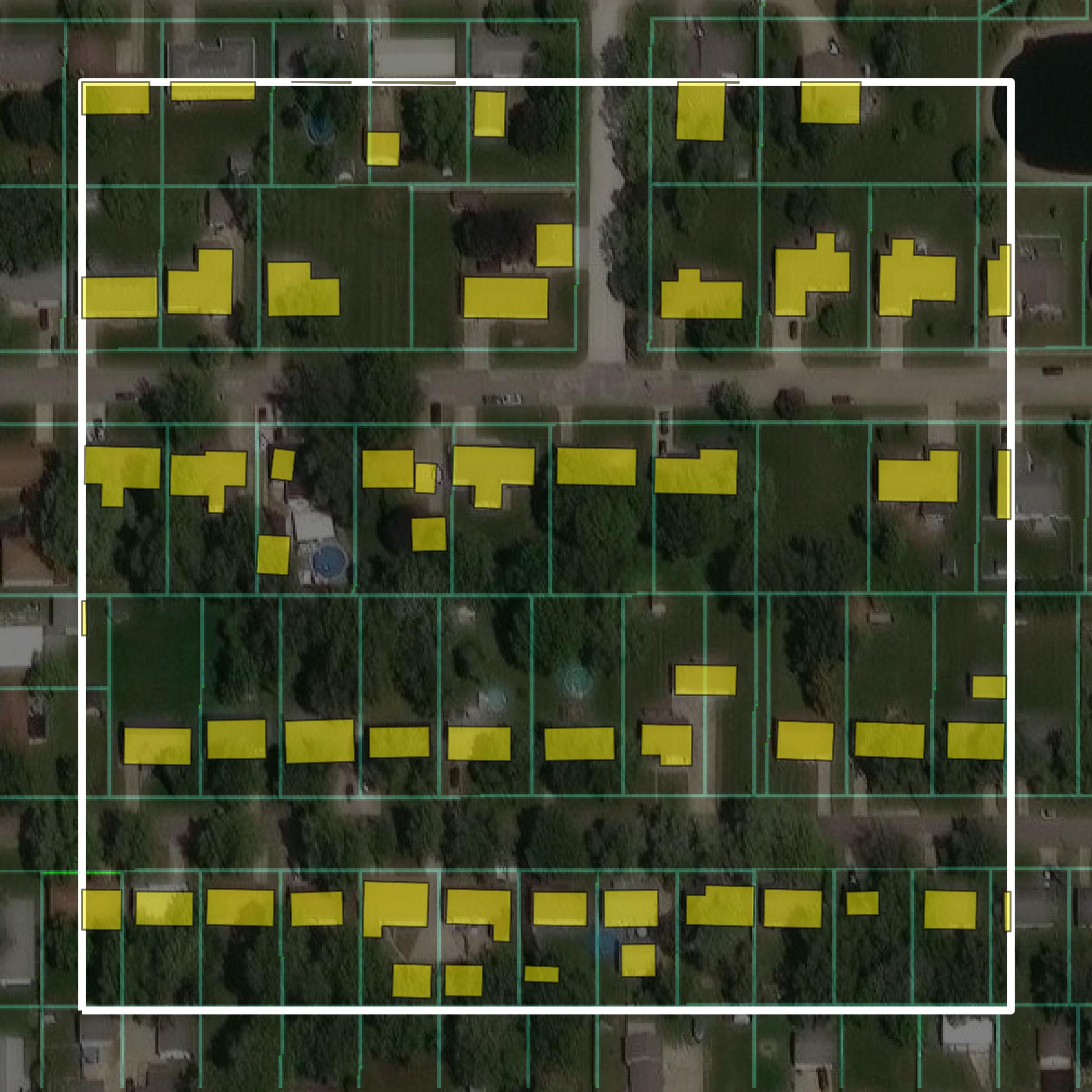 This image shows parcel and building data in Ford County created using GIS data in Equator.