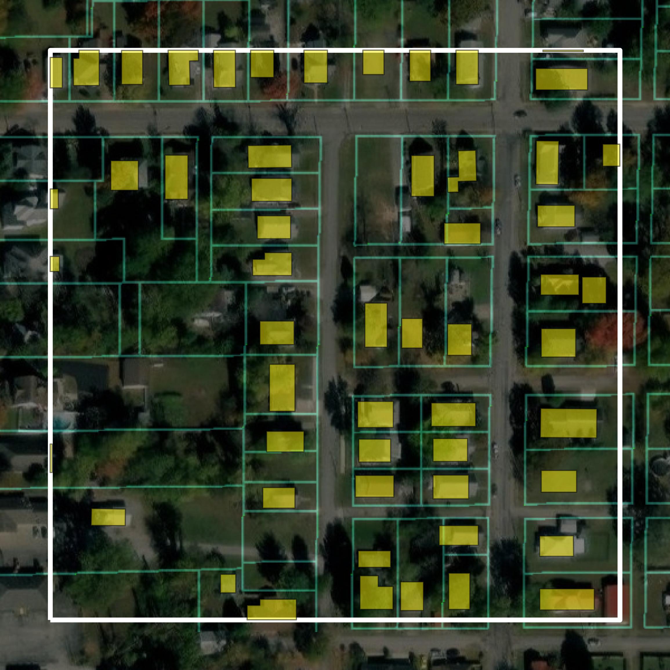 This image shows parcel and building data in Franklin County created using GIS data in Equator.