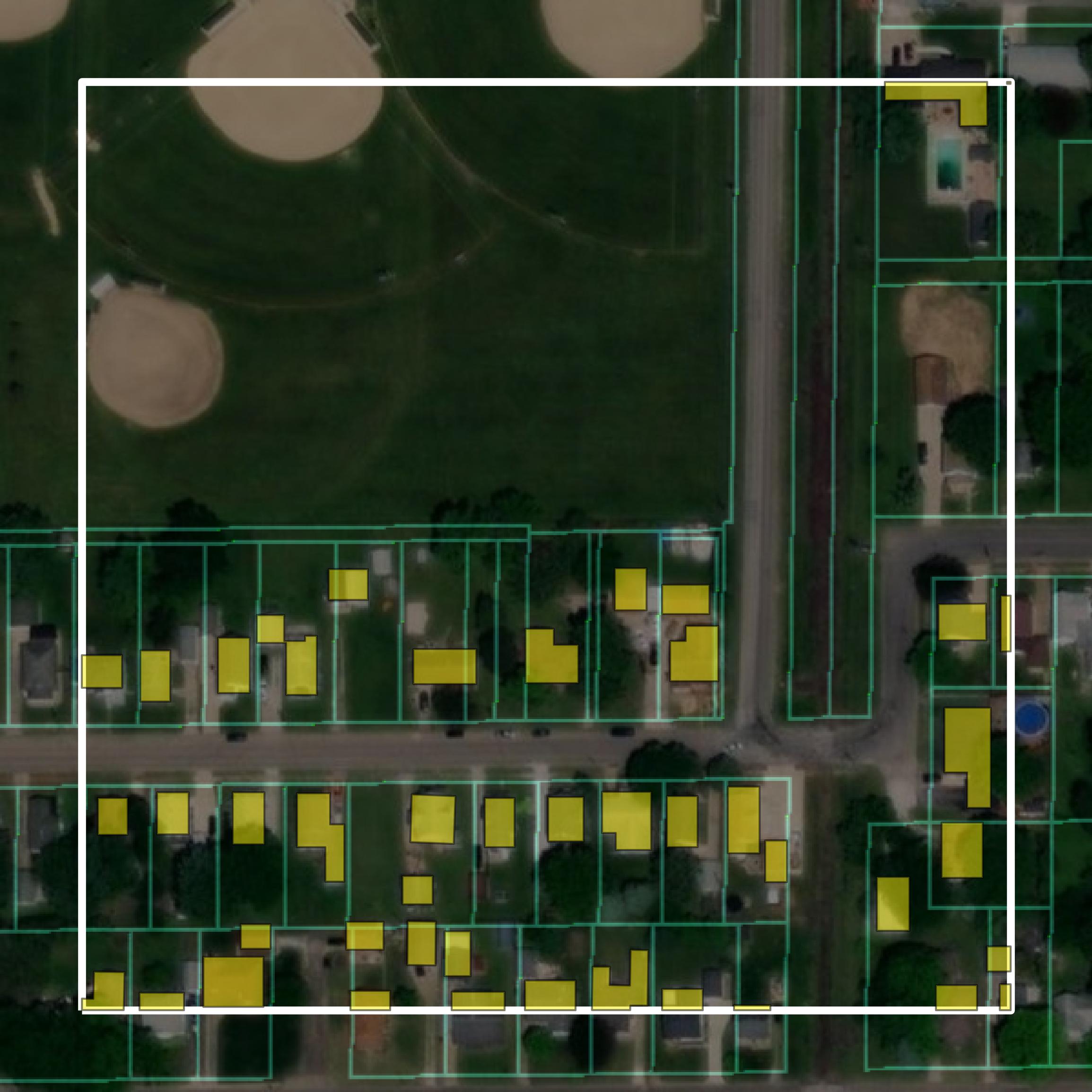 This image shows parcel and building data in Fulton County created using GIS data in Equator.