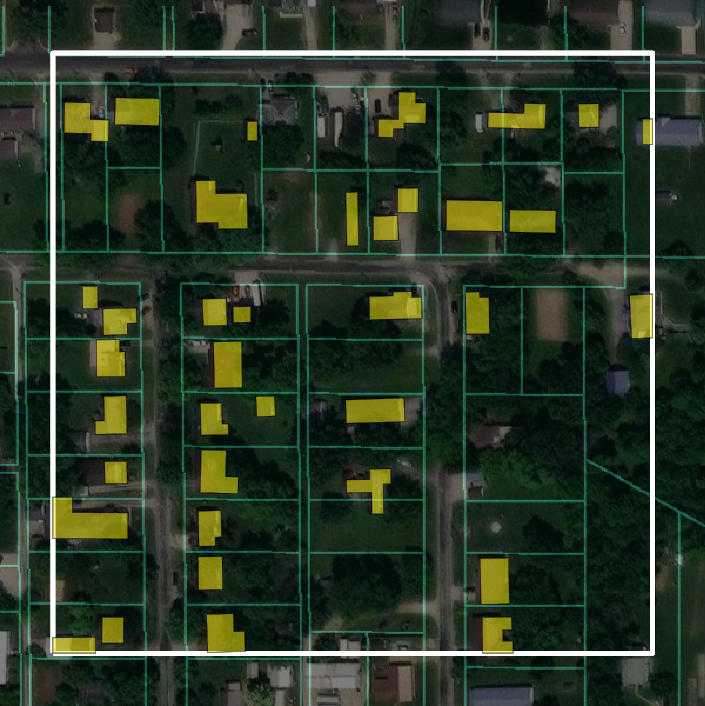 This image shows parcel and building data in Jasper County created using GIS data in Equator.
