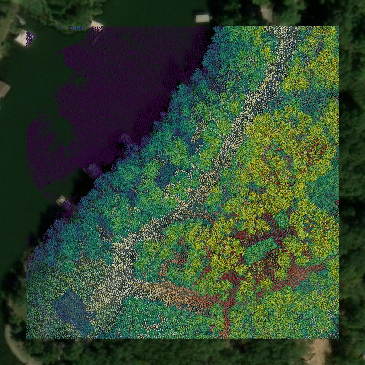 This image shows a LiDAR point cloud in Johnson County created using GIS data in Equator.