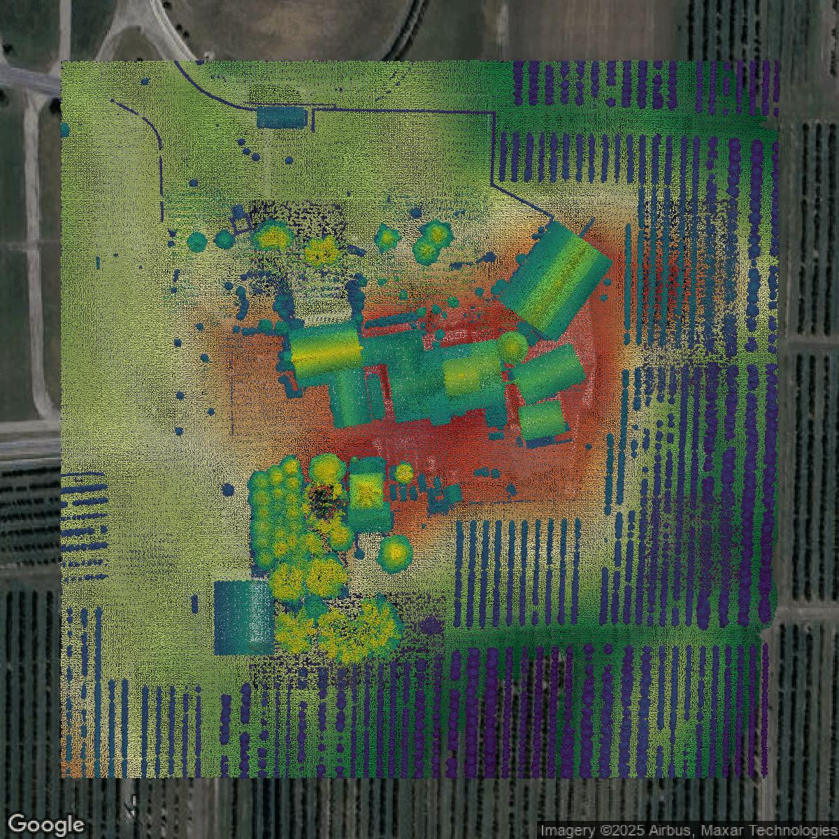 This image shows a LiDAR point cloud in Kane County created using GIS data in Equator.