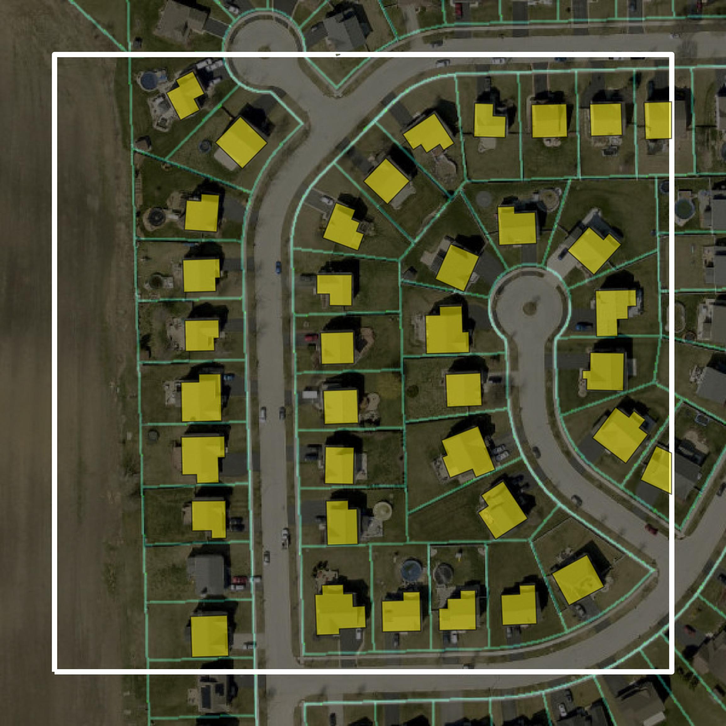 This image shows parcel and building data in Kendall County created using GIS data in Equator.