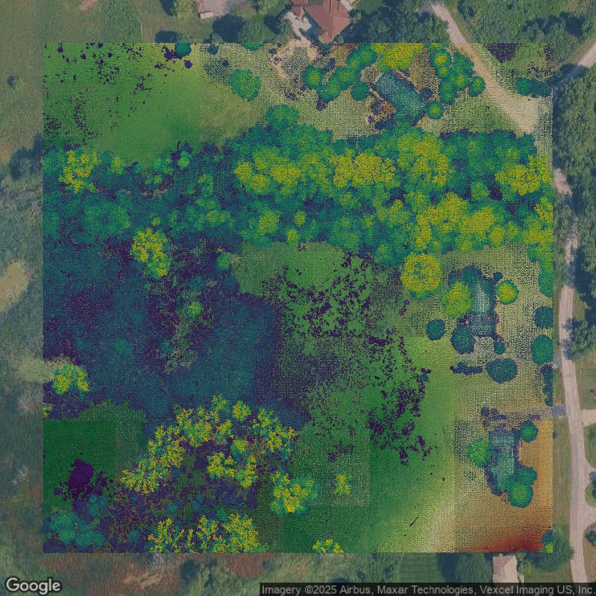 This image shows a LiDAR point cloud in Lake County created using GIS data in Equator.