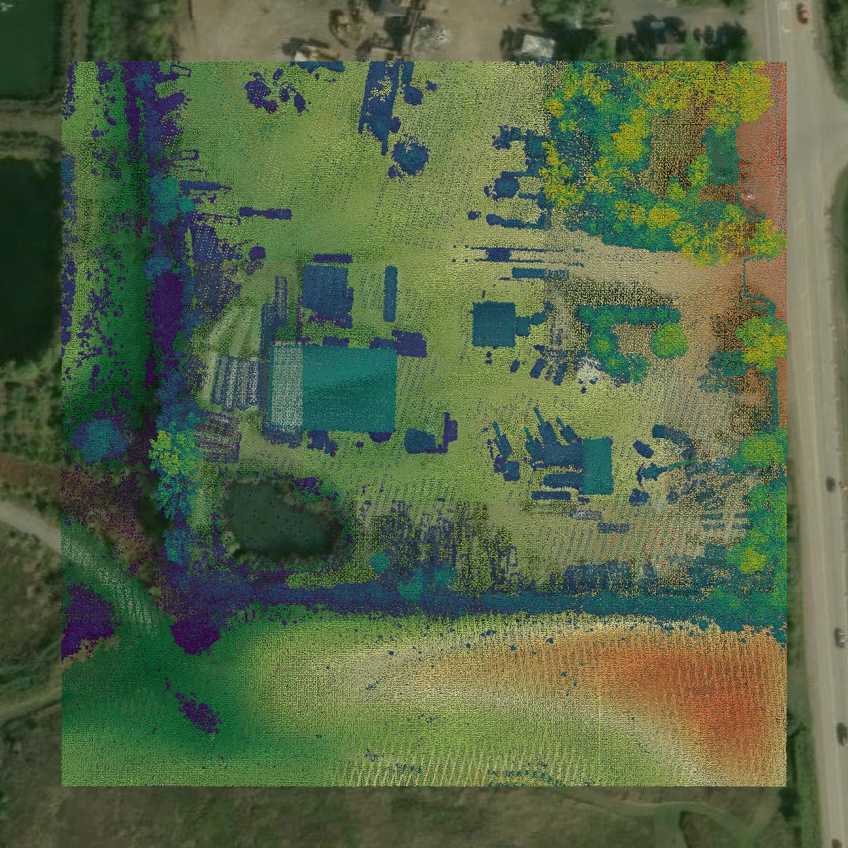 This image shows a LiDAR point cloud in Lake County created using GIS data in Equator.