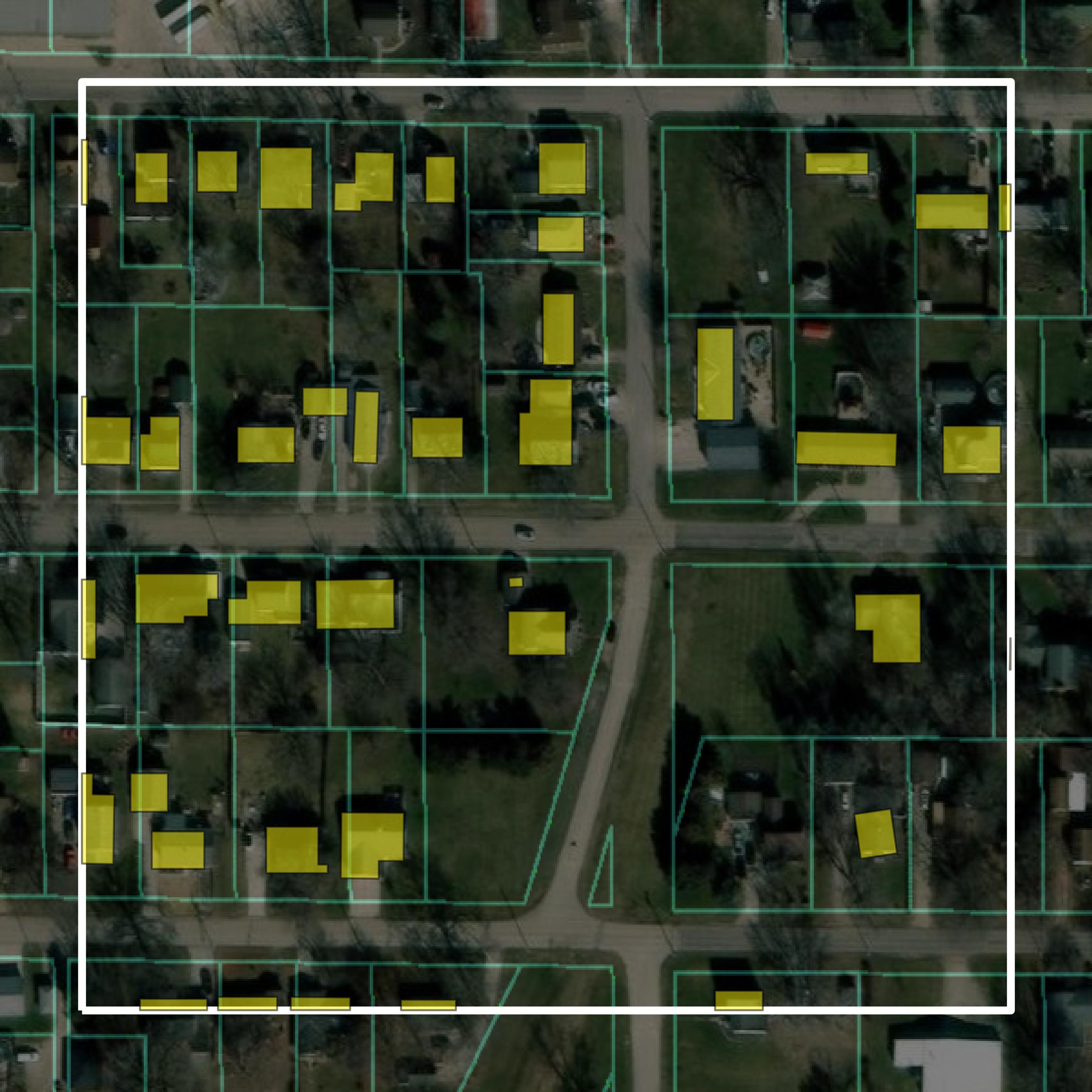This image shows parcel and building data in LaSalle County created using GIS data in Equator.