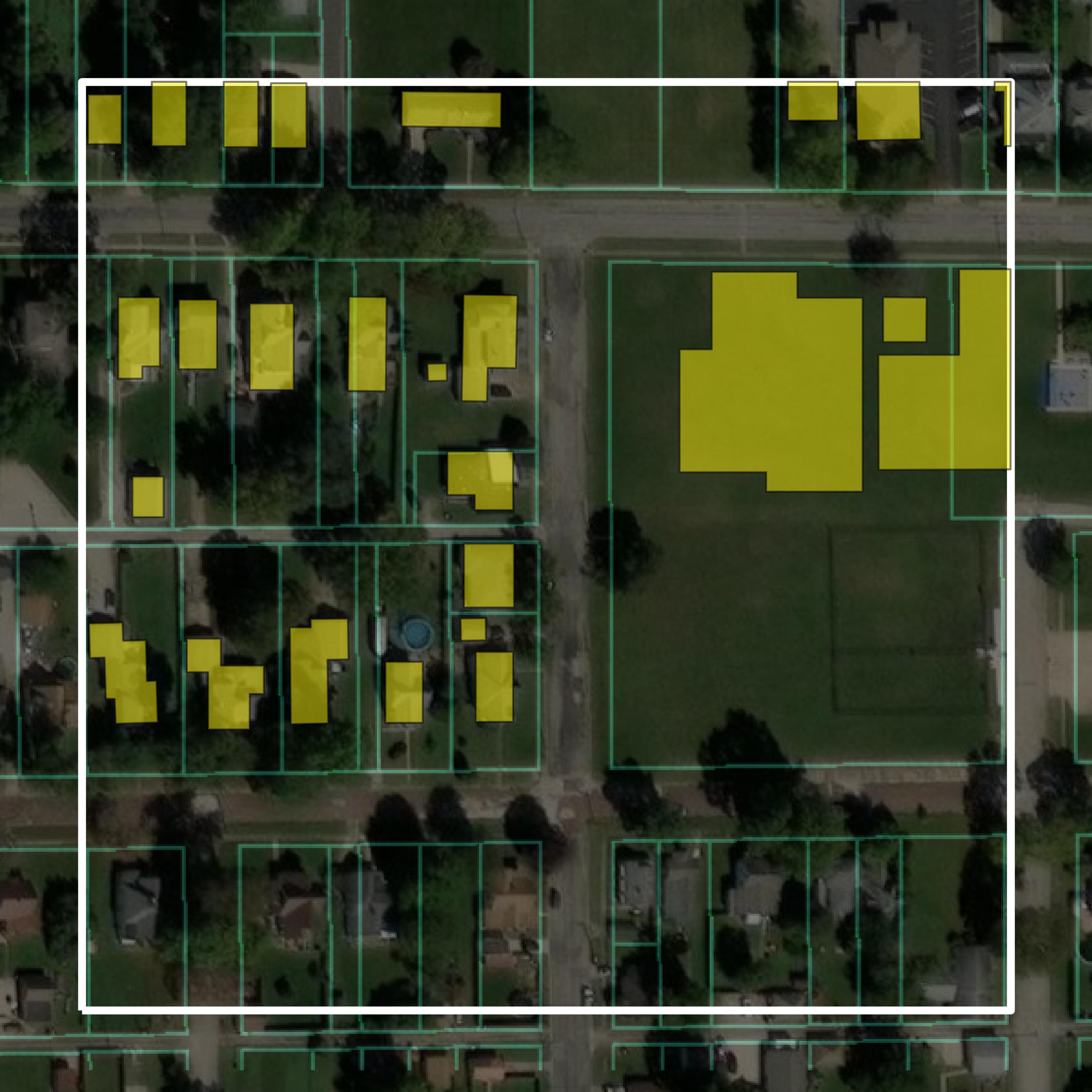 This image shows parcel and building data in Logan County created using GIS data in Equator.