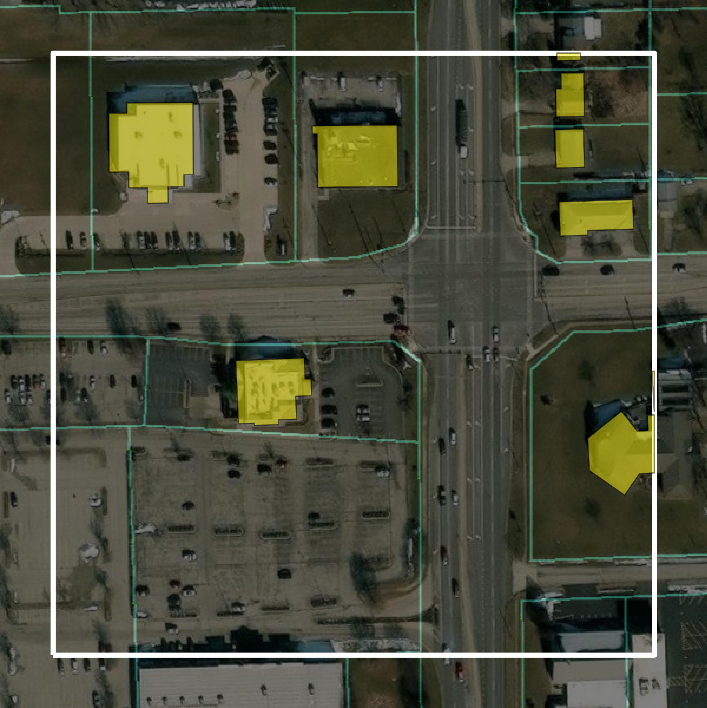 This image shows parcel and building data in Macon County created using GIS data in Equator.