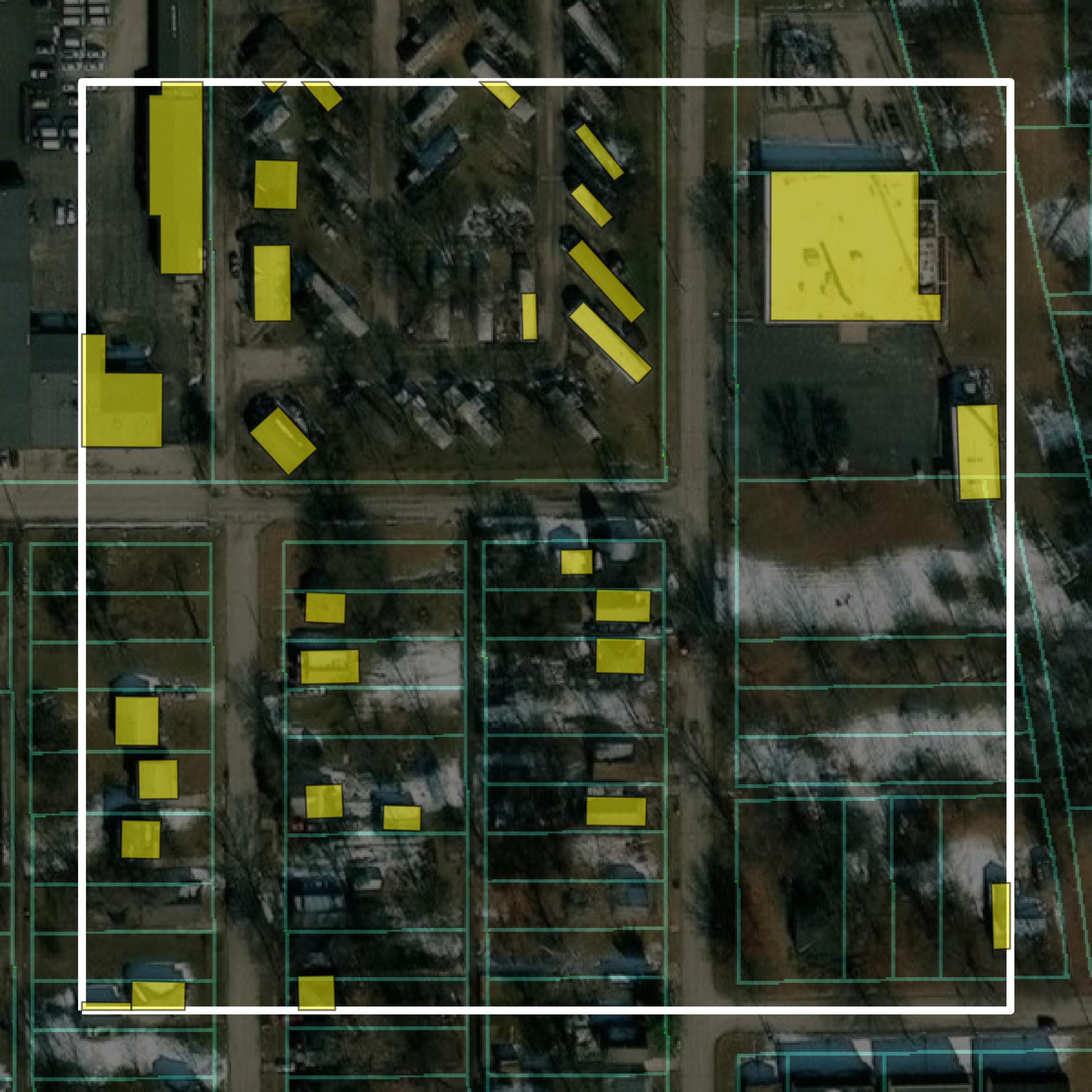 This image shows parcel and building data in Macon County created using GIS data in Equator.