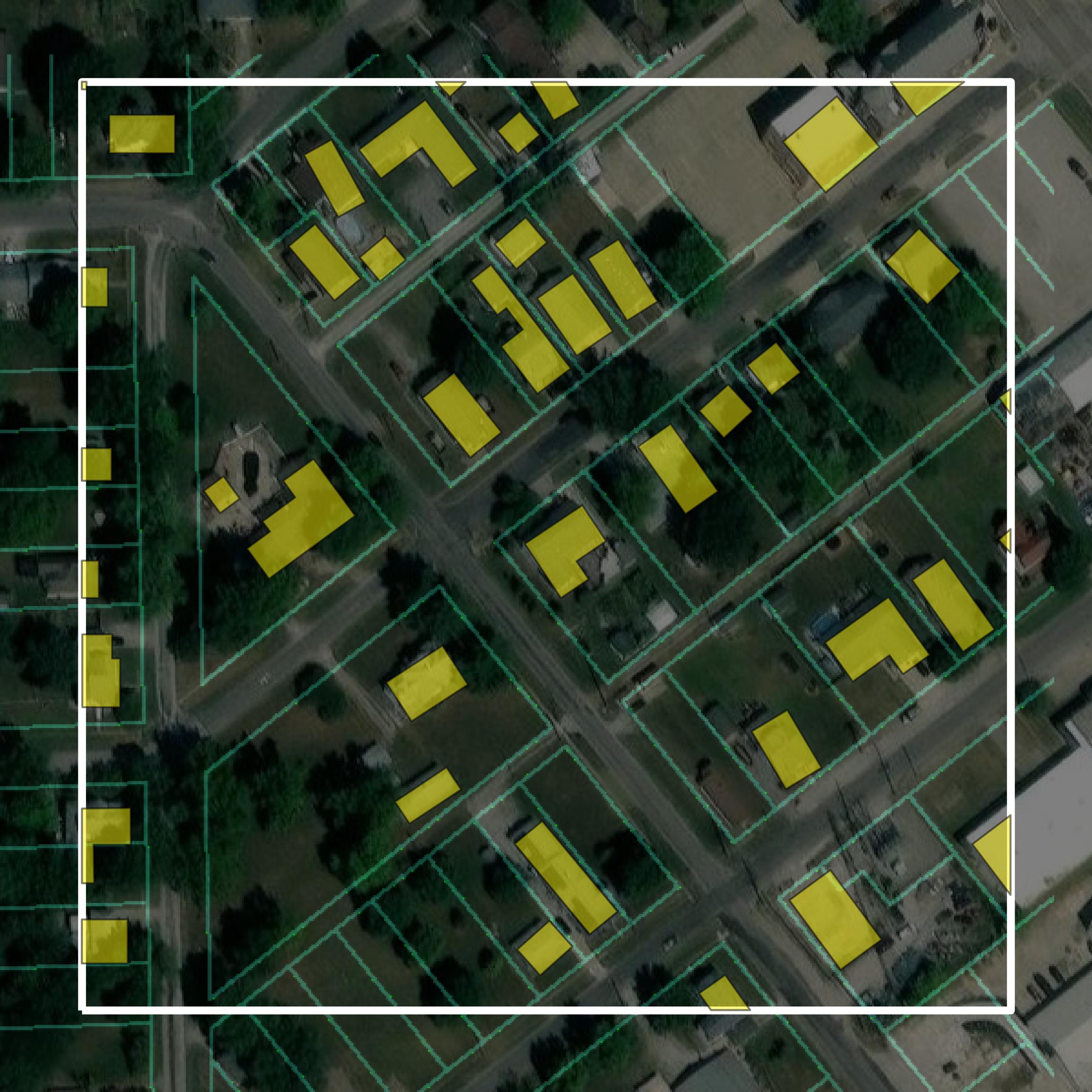 This image shows parcel and building data in Macoupin County created using GIS data in Equator.