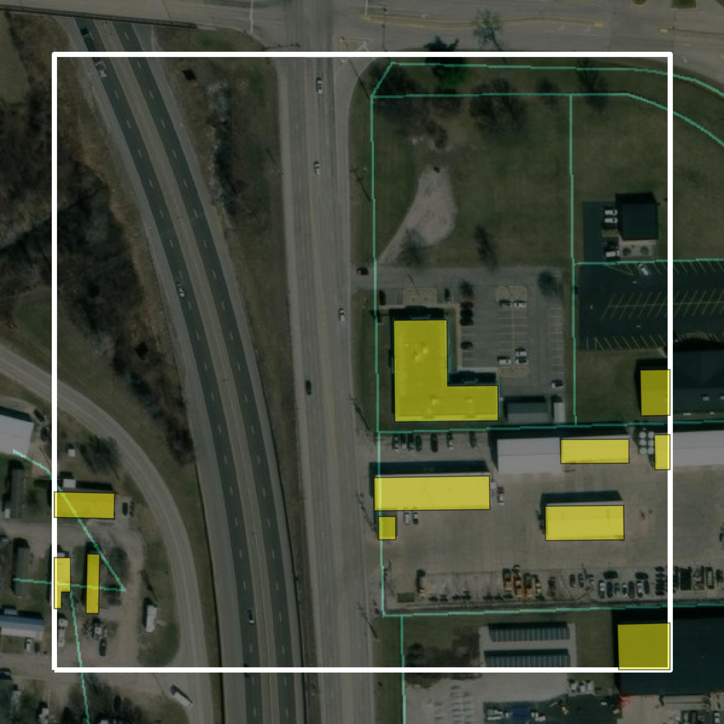 This image shows parcel and building data in Madison County created using GIS data in Equator.