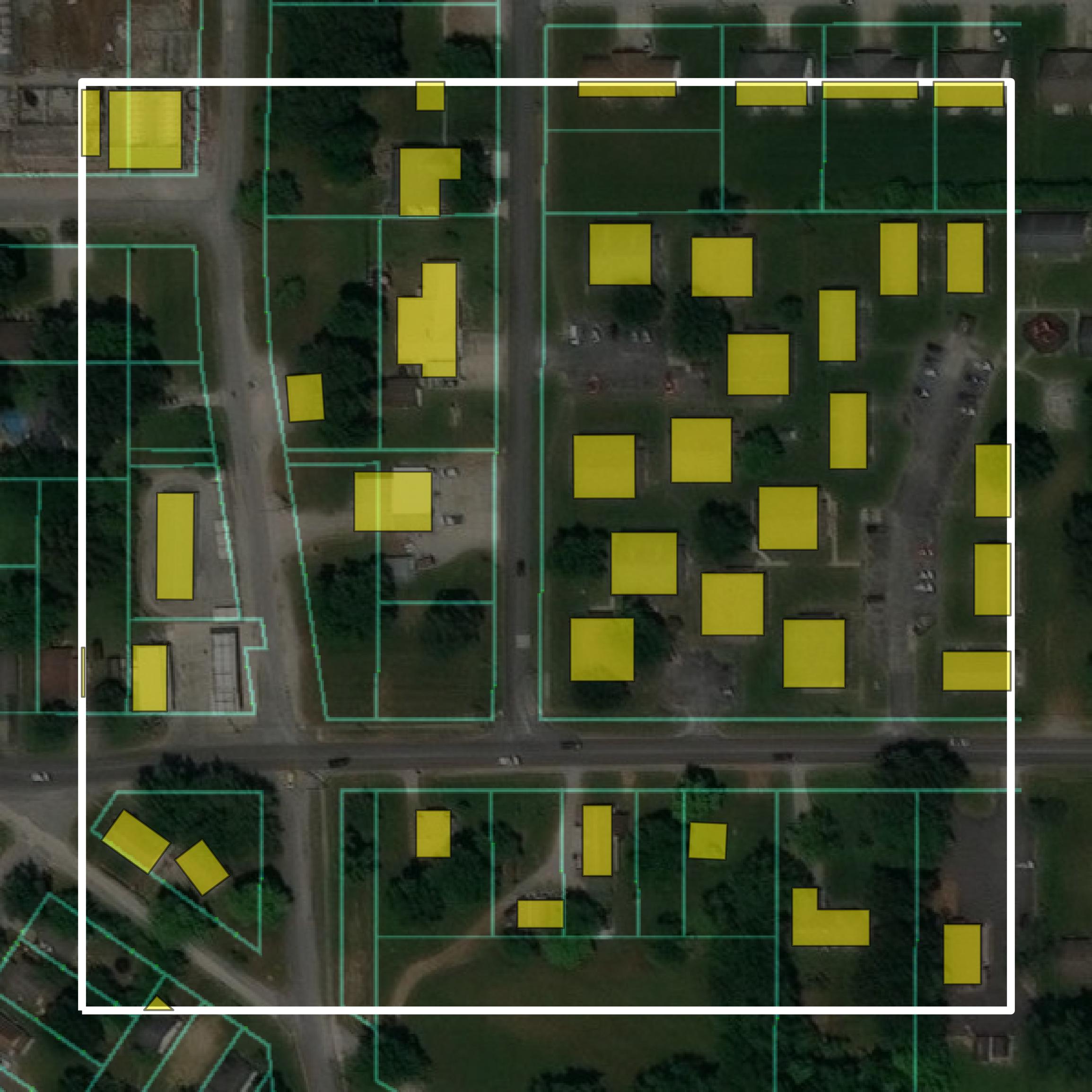 This image shows parcel and building data in Massac County created using GIS data in Equator.