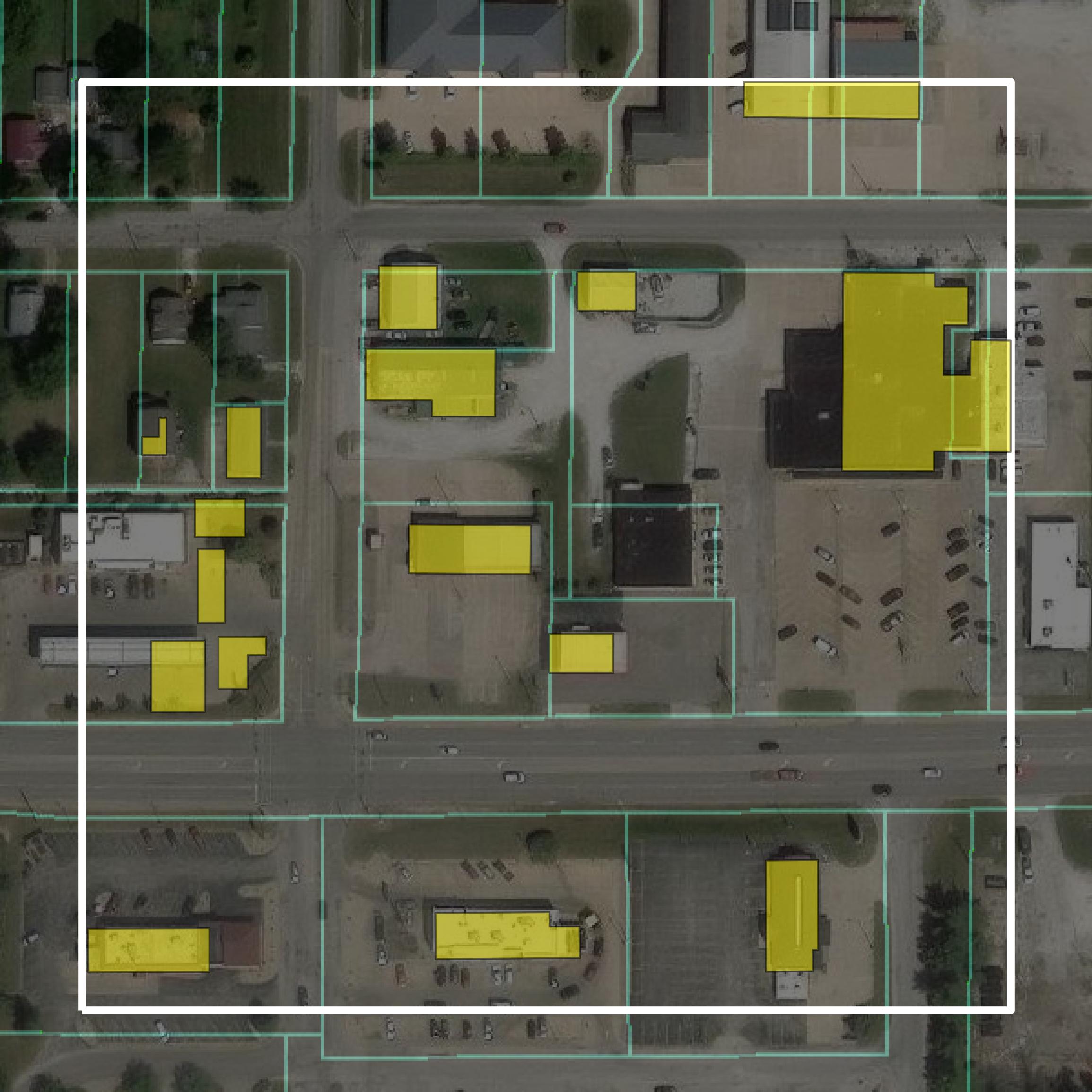 This image shows parcel and building data in McDonough County created using GIS data in Equator.