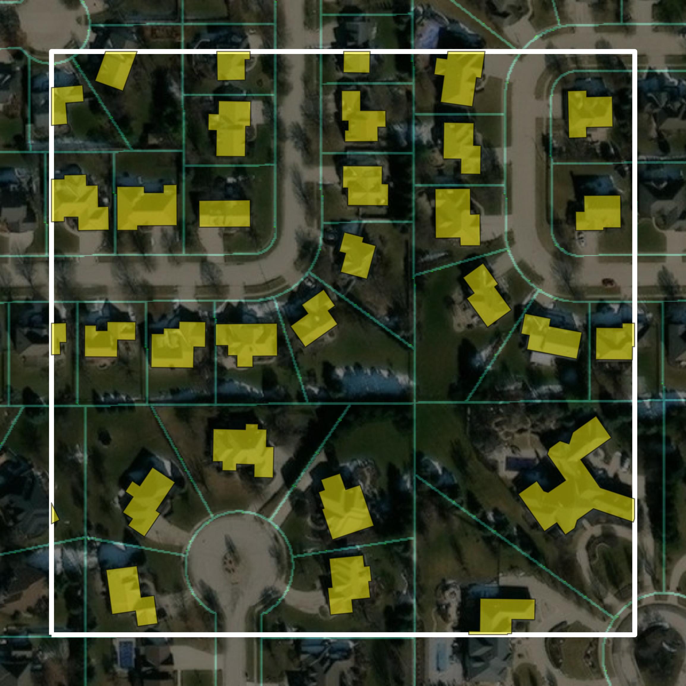 This image shows parcel and building data in McLean County created using GIS data in Equator.