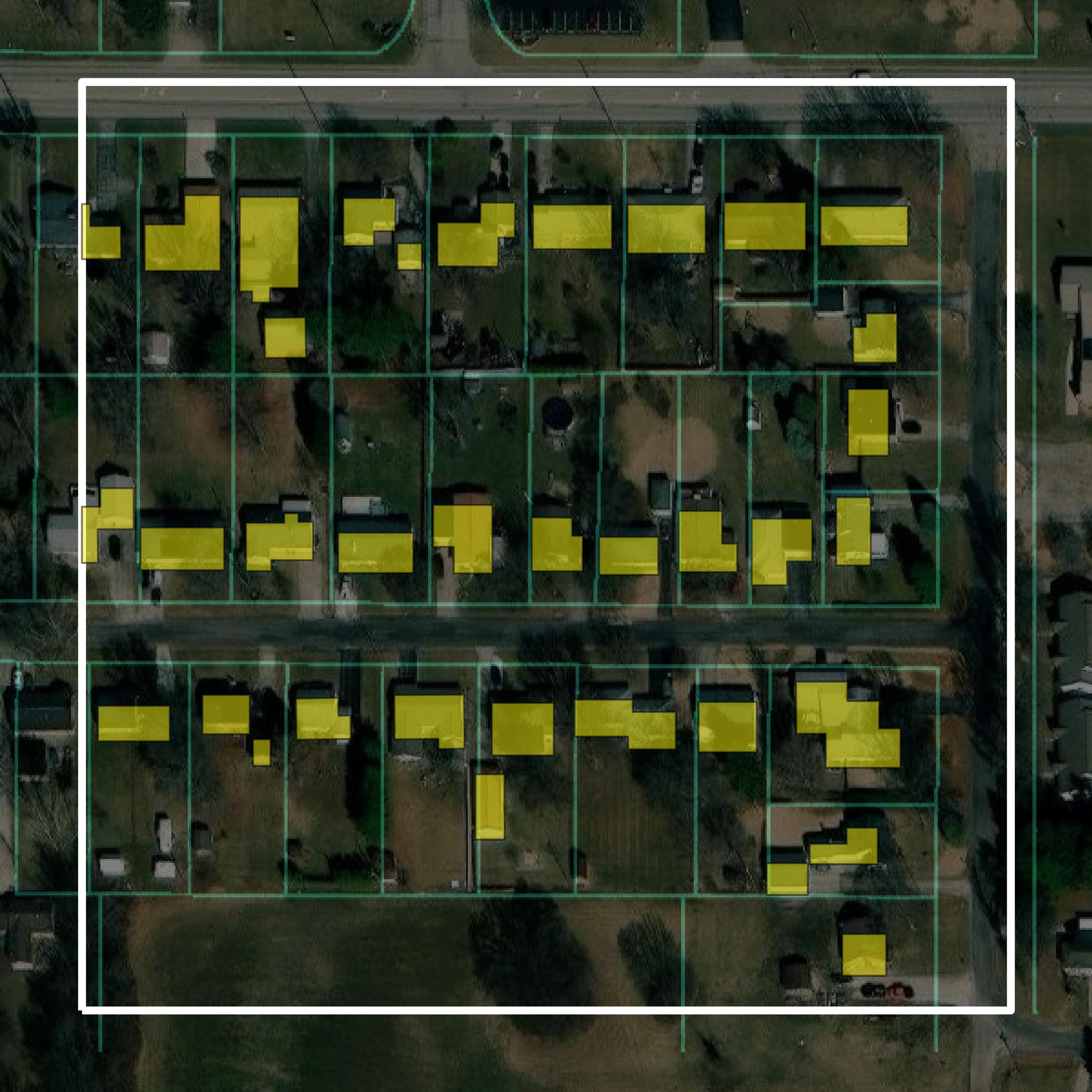 This image shows parcel and building data in Morgan County created using GIS data in Equator.