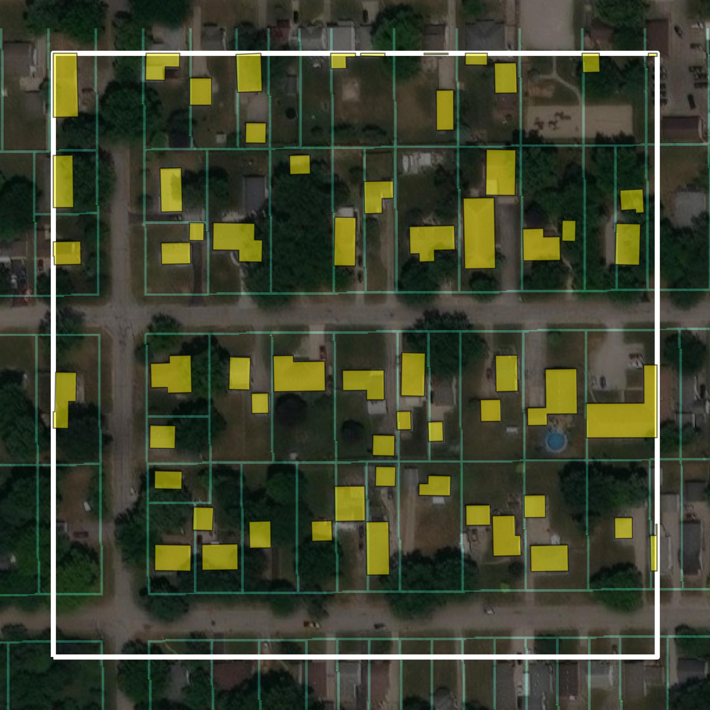 This image shows parcel and building data in Sangamon County created using GIS data in Equator.