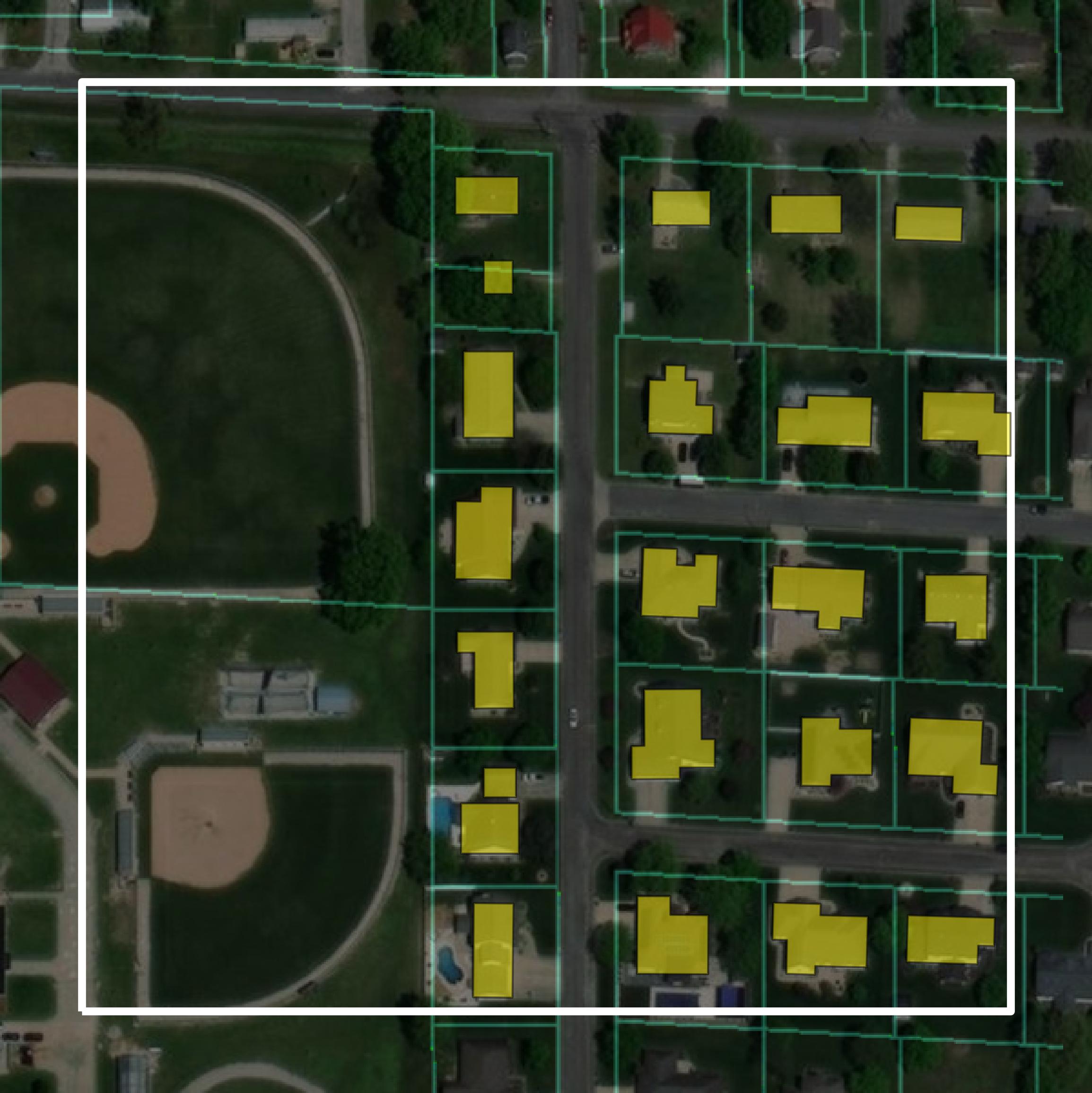 This image shows parcel and building data in Washington County created using GIS data in Equator.