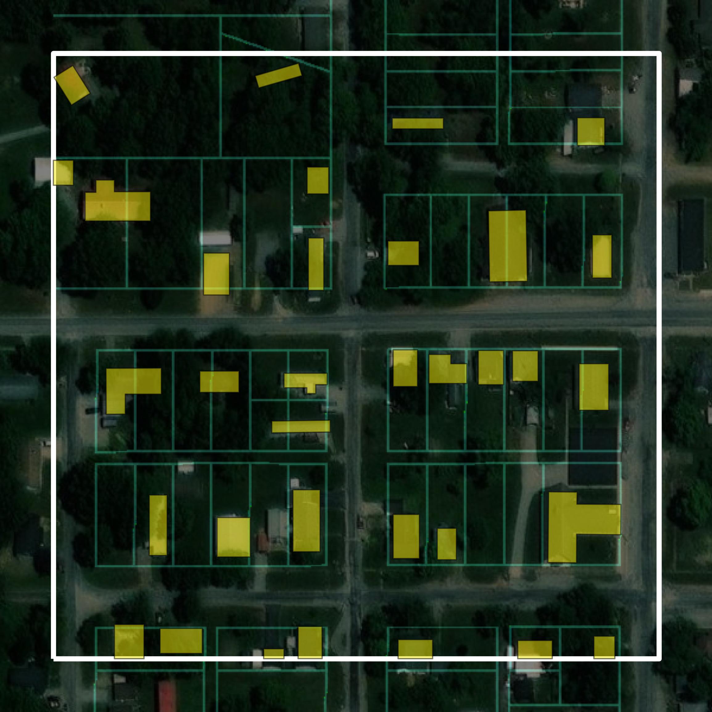 This image shows parcel and building data in White County created using GIS data in Equator.