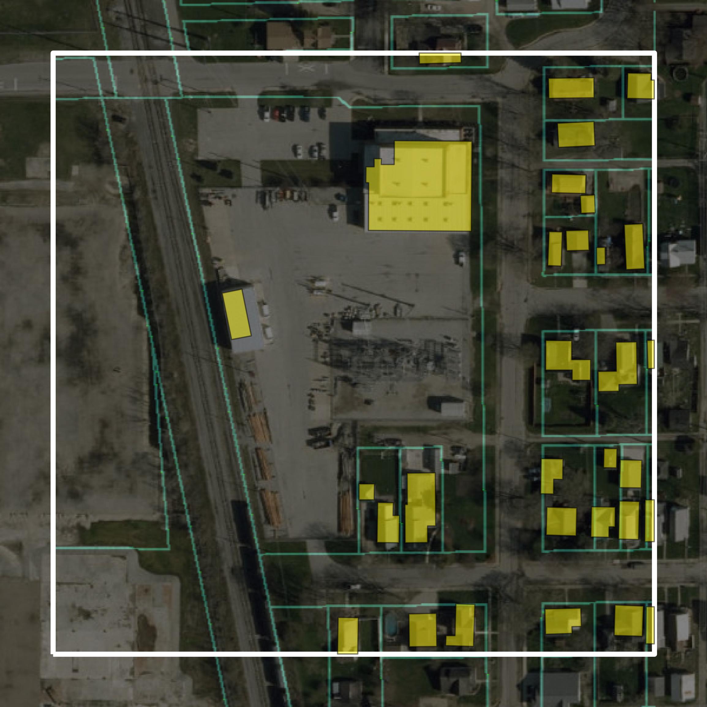 This image shows parcel and building data in Adams County created using GIS data in Equator.