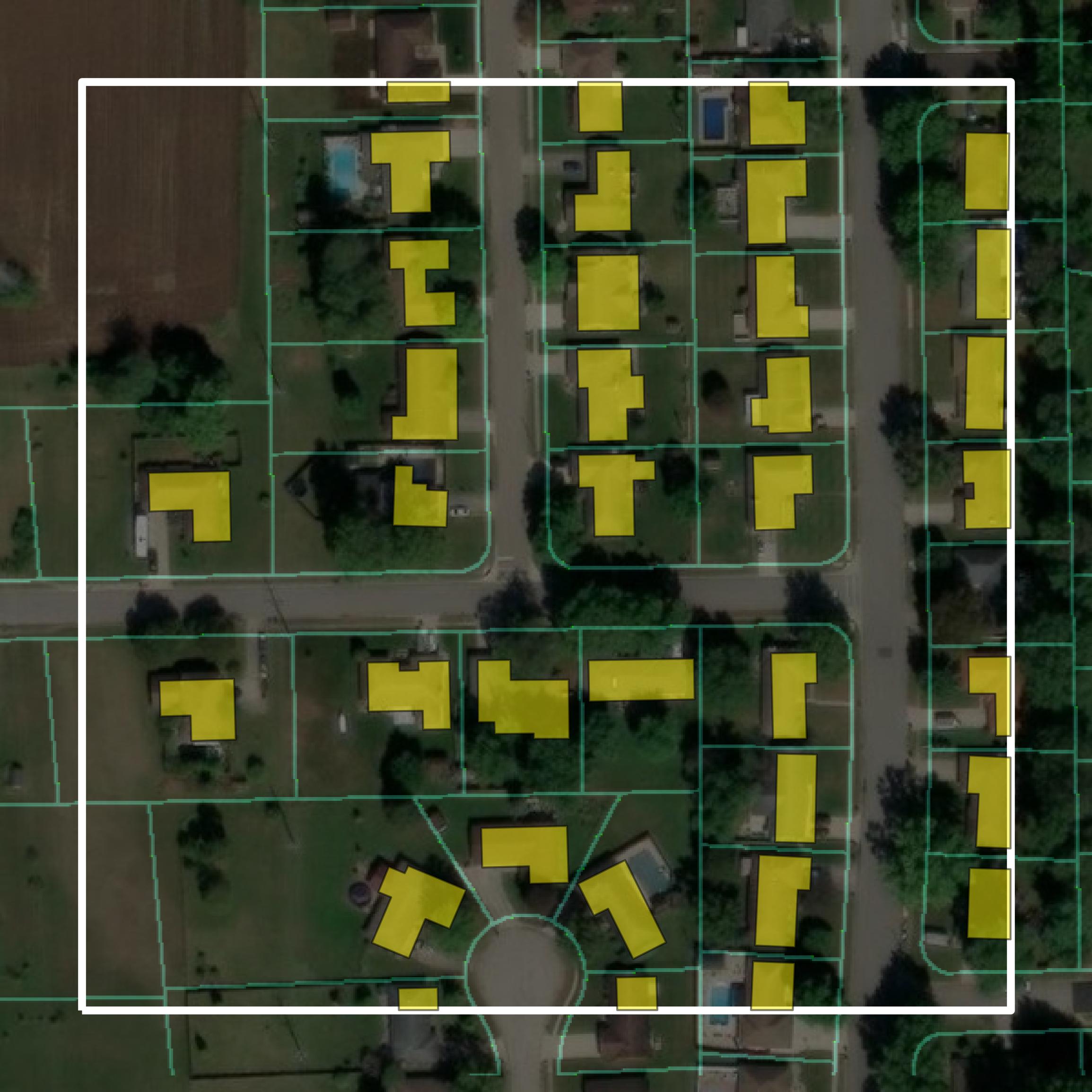 This image shows parcel and building data in Bartholomew County created using GIS data in Equator.