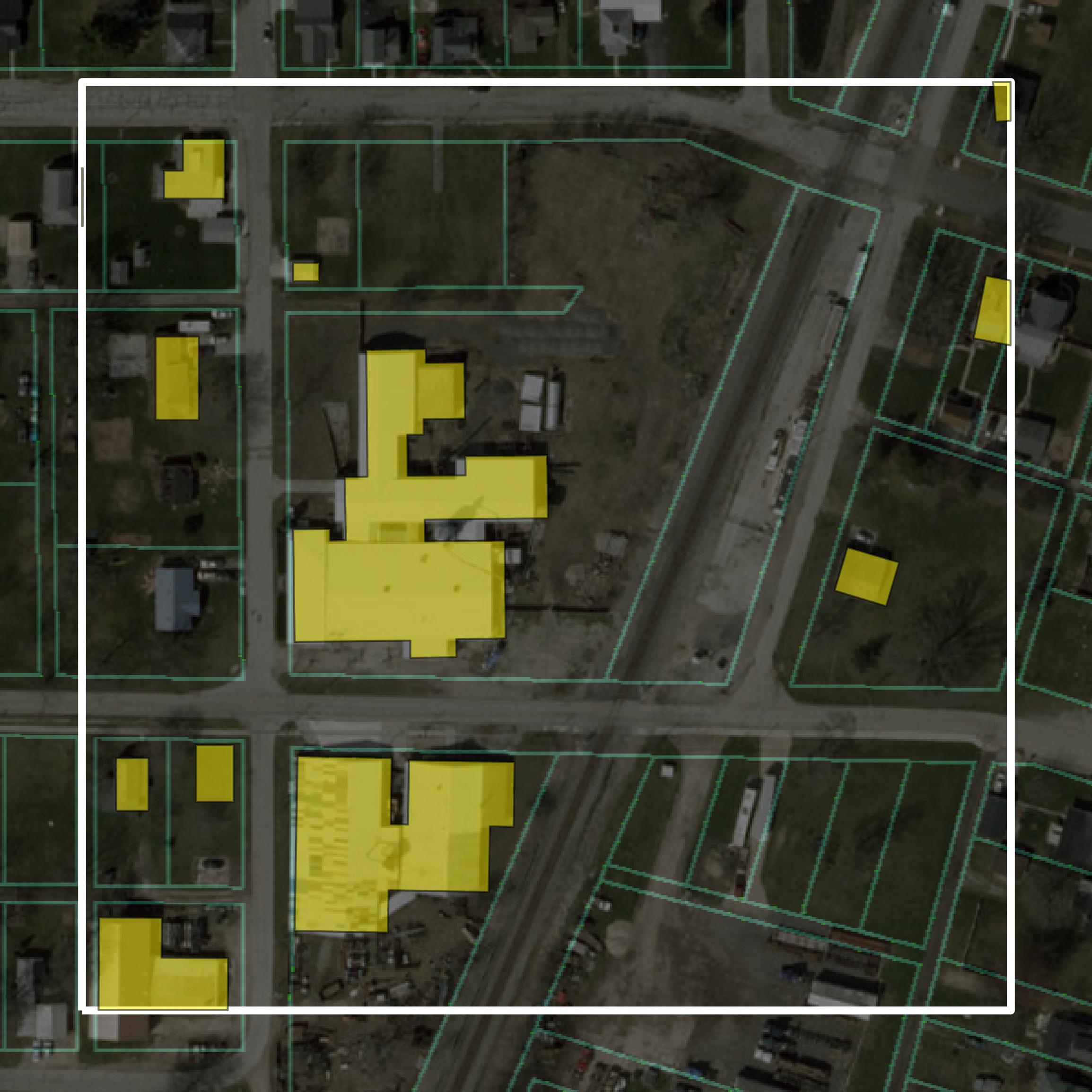 This image shows parcel and building data in Blackford County created using GIS data in Equator.