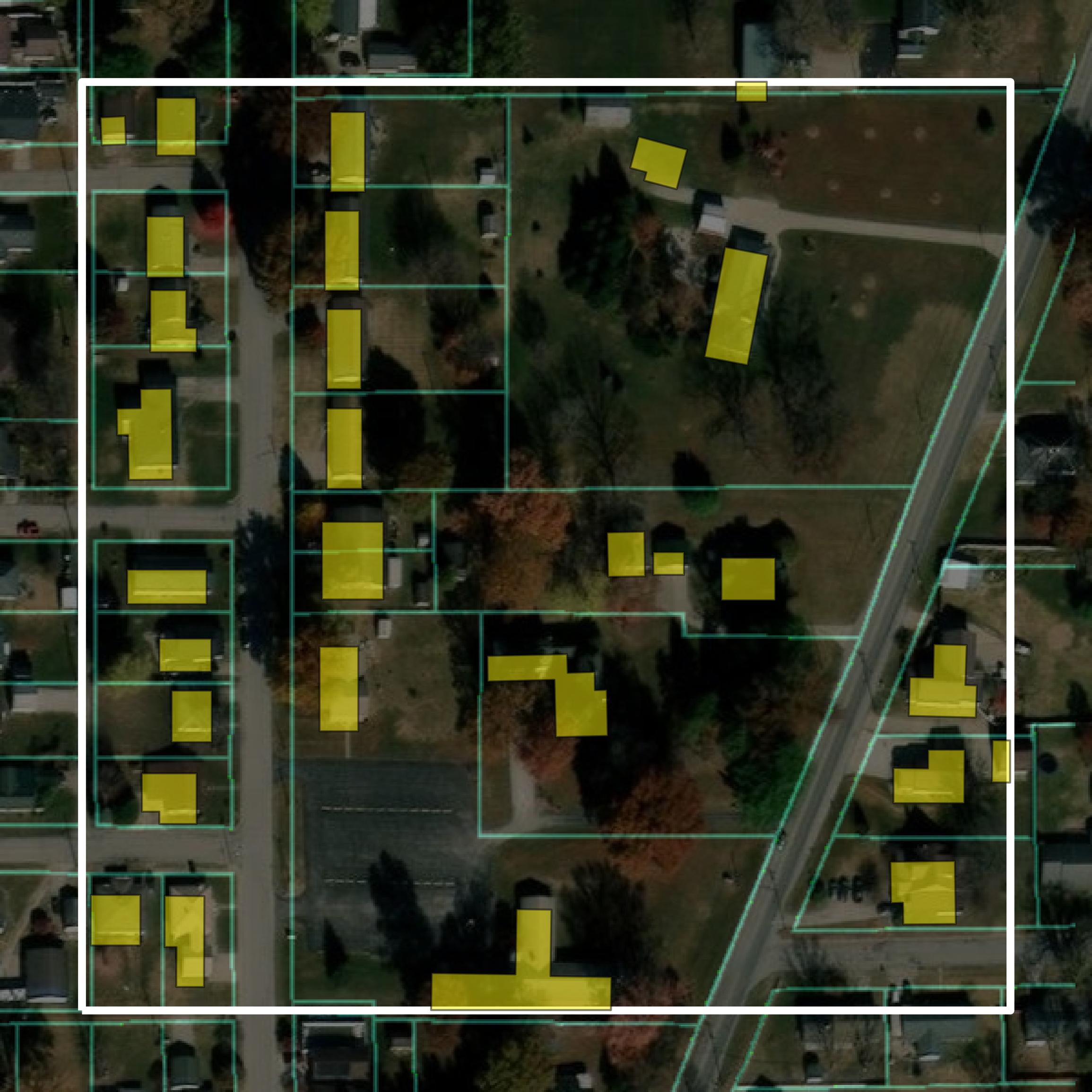 This image shows parcel and building data in Daviess County created using GIS data in Equator.