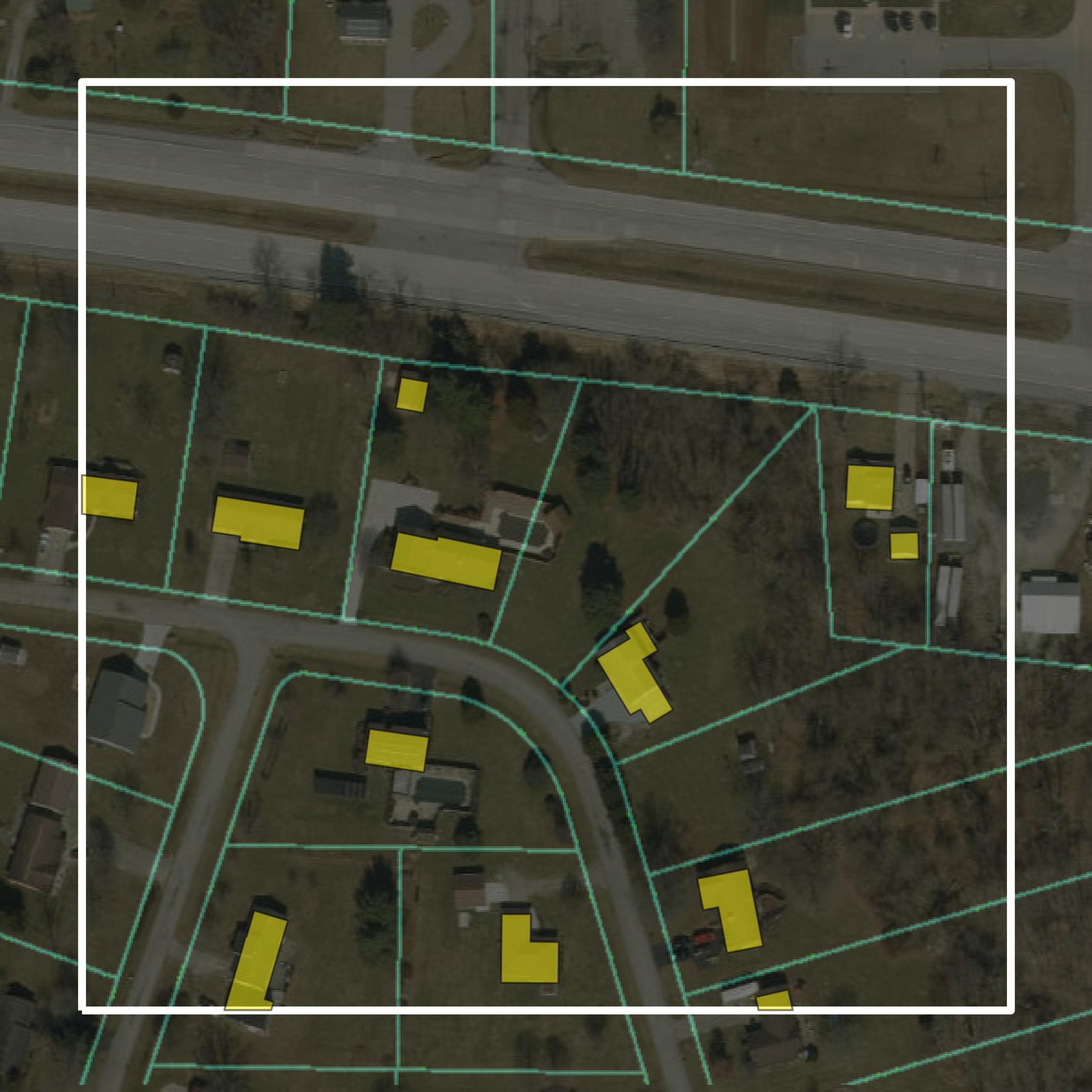 This image shows parcel and building data in Dearborn County created using GIS data in Equator.