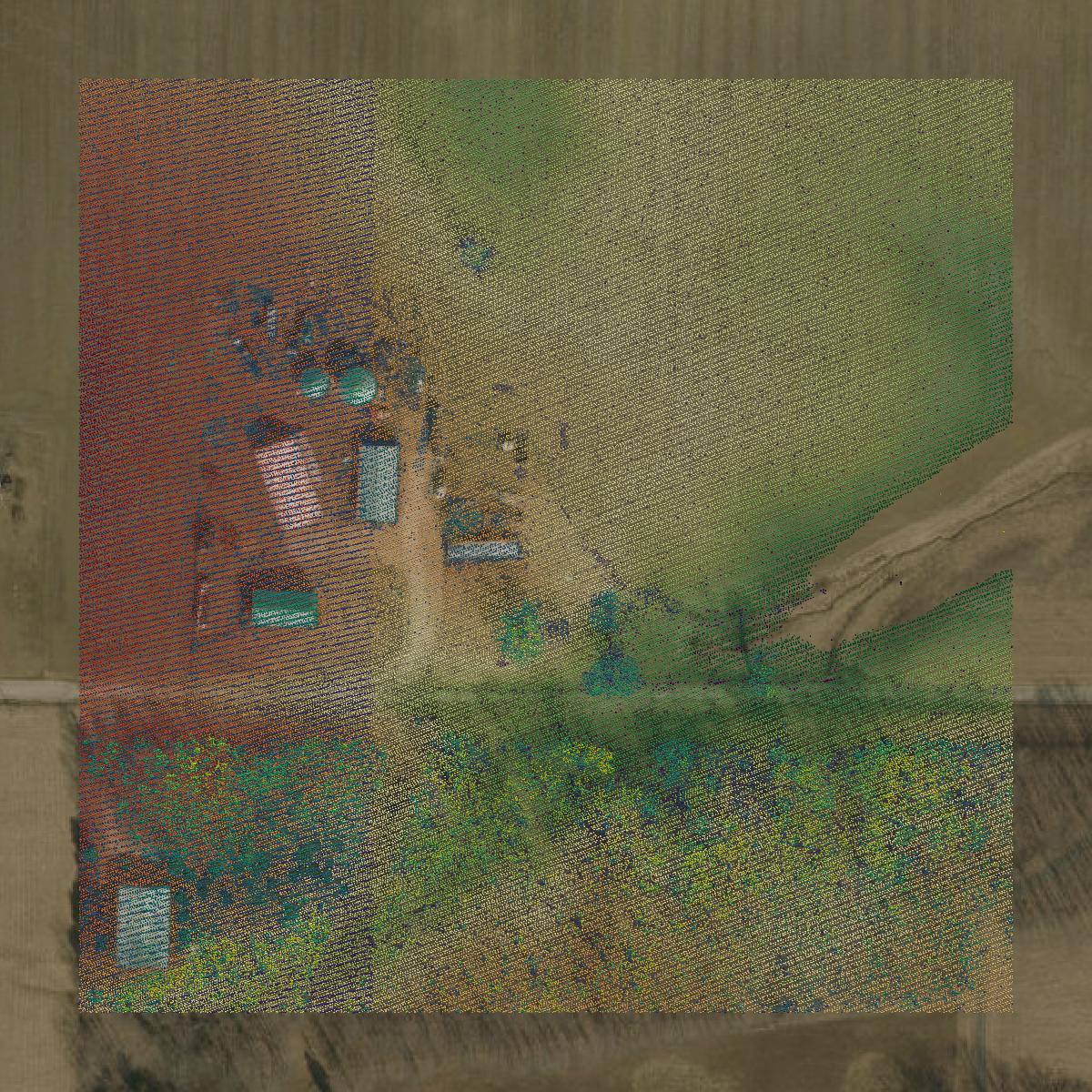 This image shows a LiDAR point cloud in Dearborn County created using GIS data in Equator.