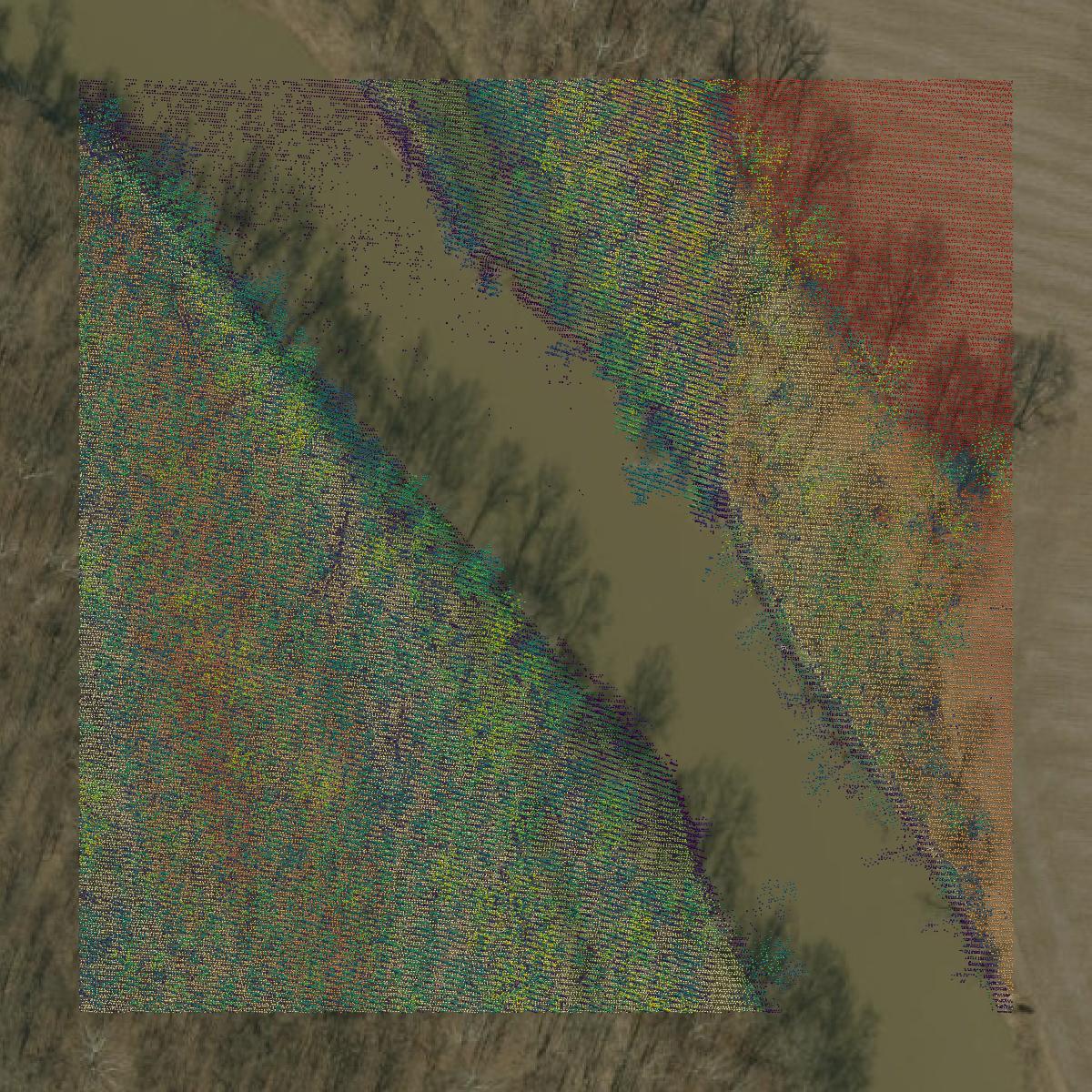 This image shows a LiDAR point cloud in Dearborn County created using GIS data in Equator.