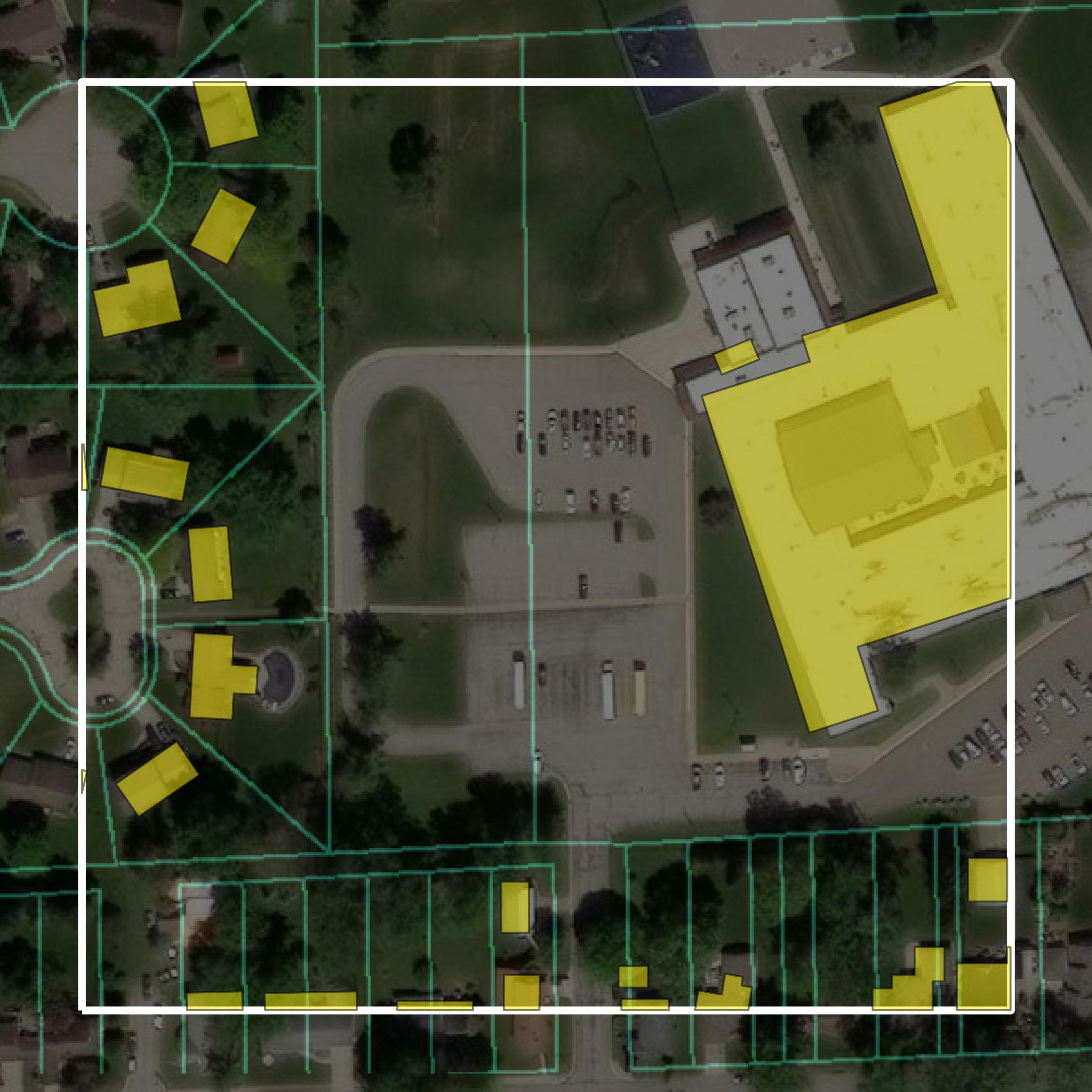 This image shows parcel and building data in DeKalb County created using GIS data in Equator.