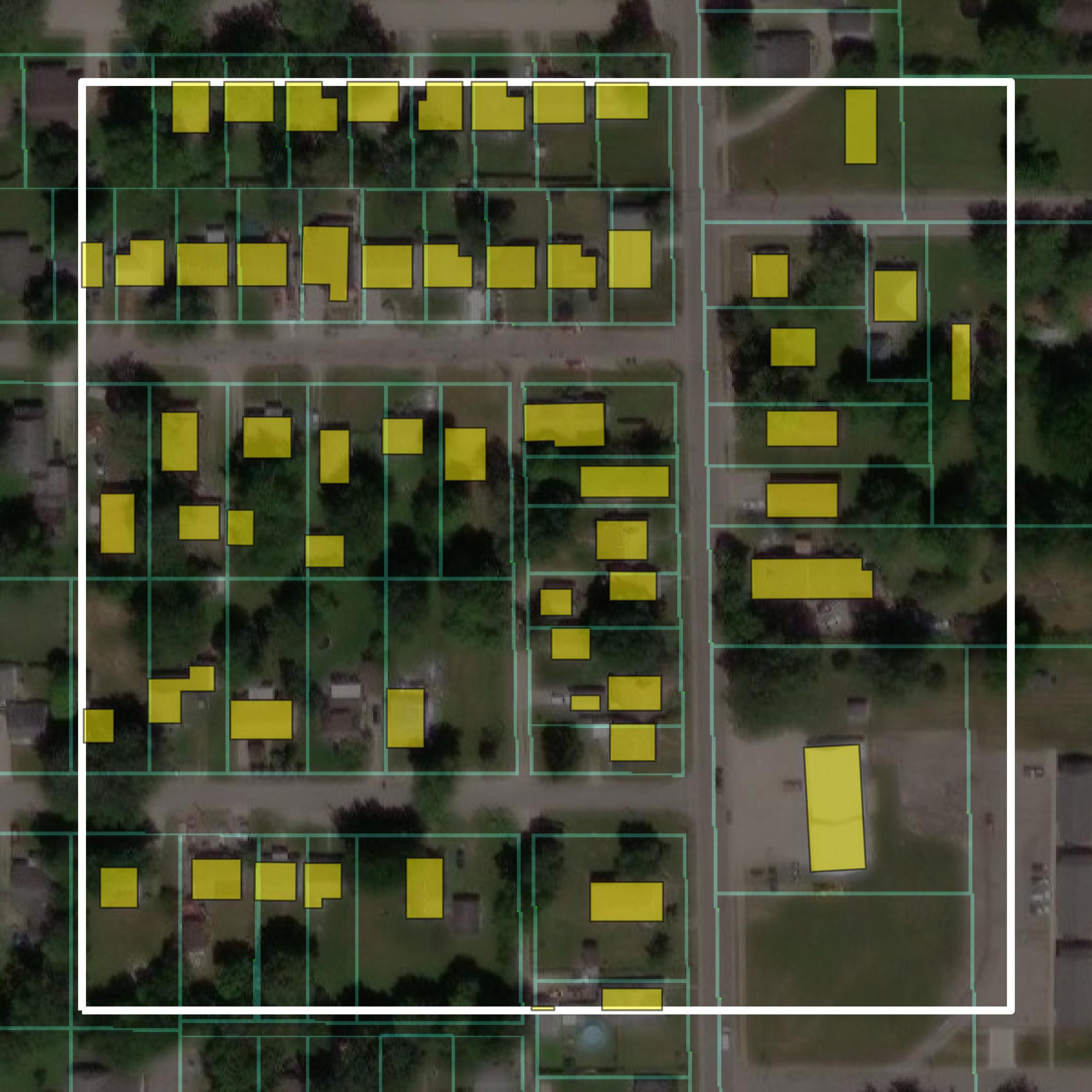 This image shows parcel and building data in Delaware County created using GIS data in Equator.