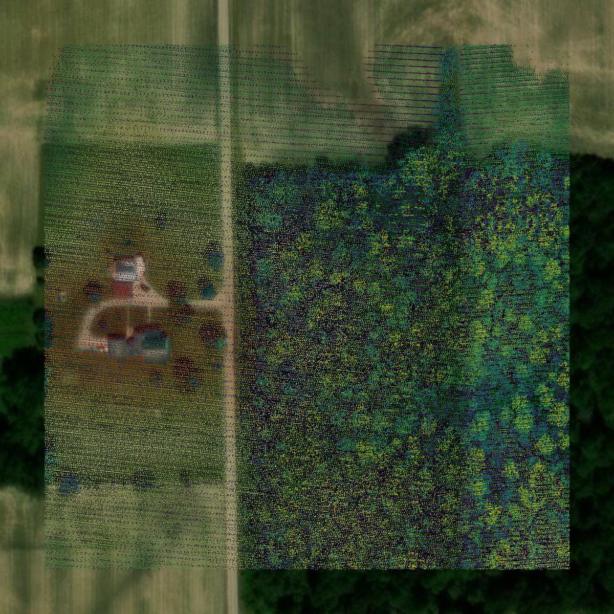 This image shows a LiDAR point cloud in Delaware County created using GIS data in Equator.